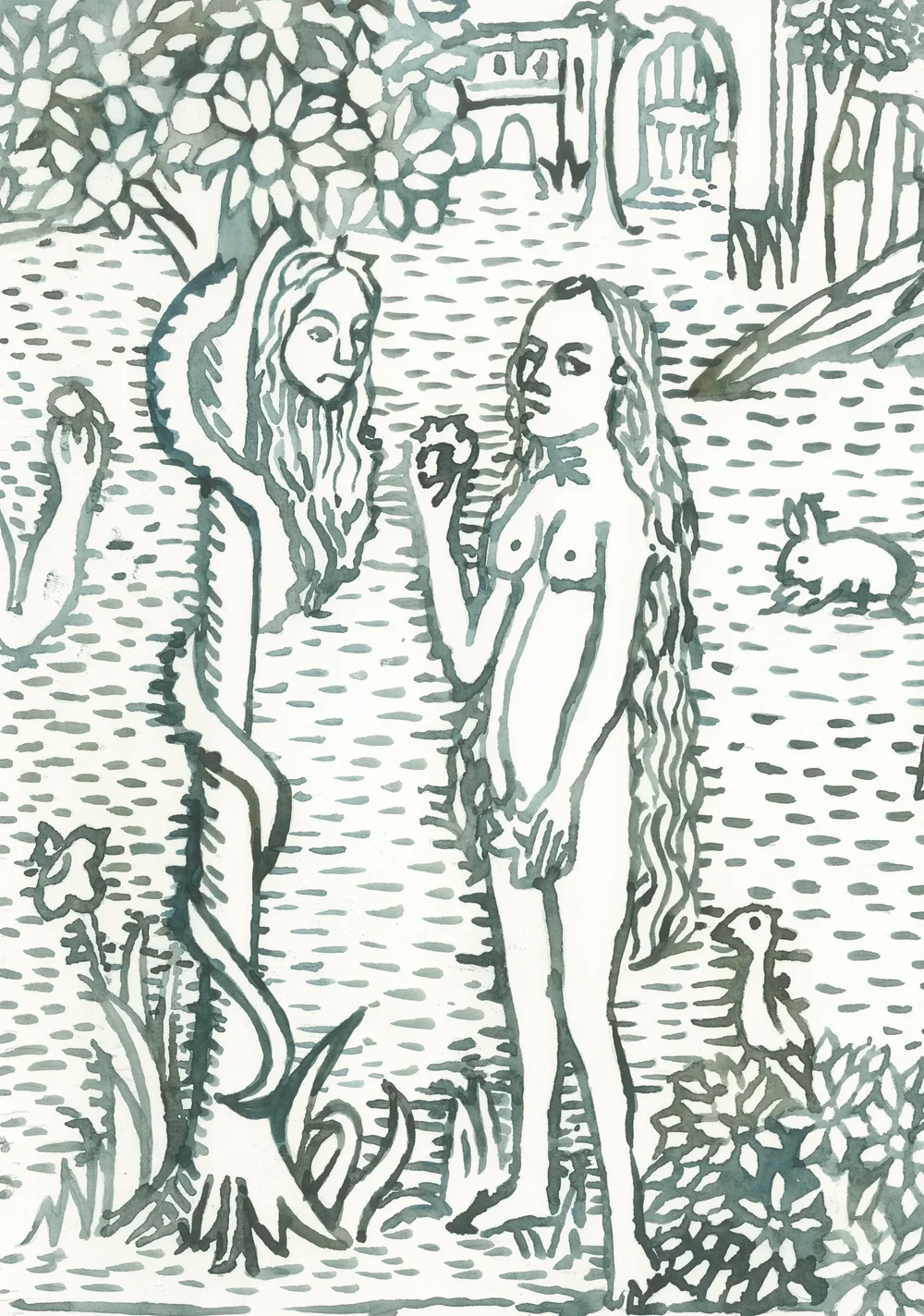 After Bartholomäus von Unkel Der Sündenfall und die Vertreibung aus dem Paradies 1479 2025 Watercolour on Paper 21x29.7cm Clare Thackway