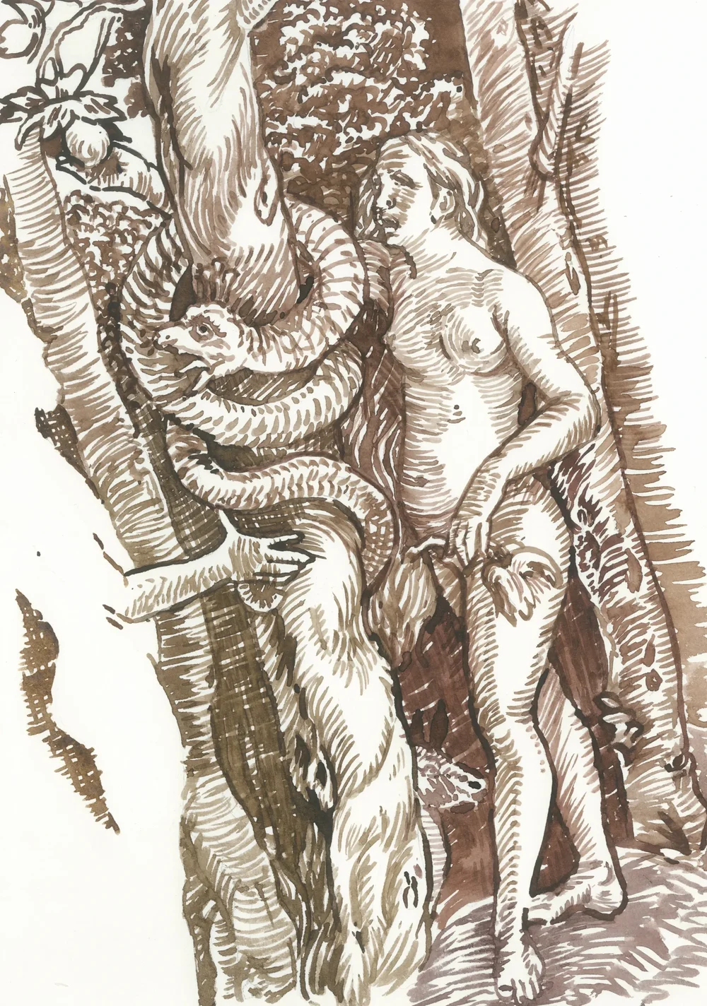 After Hans Baldung Adam and Eve with the Serpent 1514 2025 Watercolour on Paper 21x29.7cm Clare Thackway