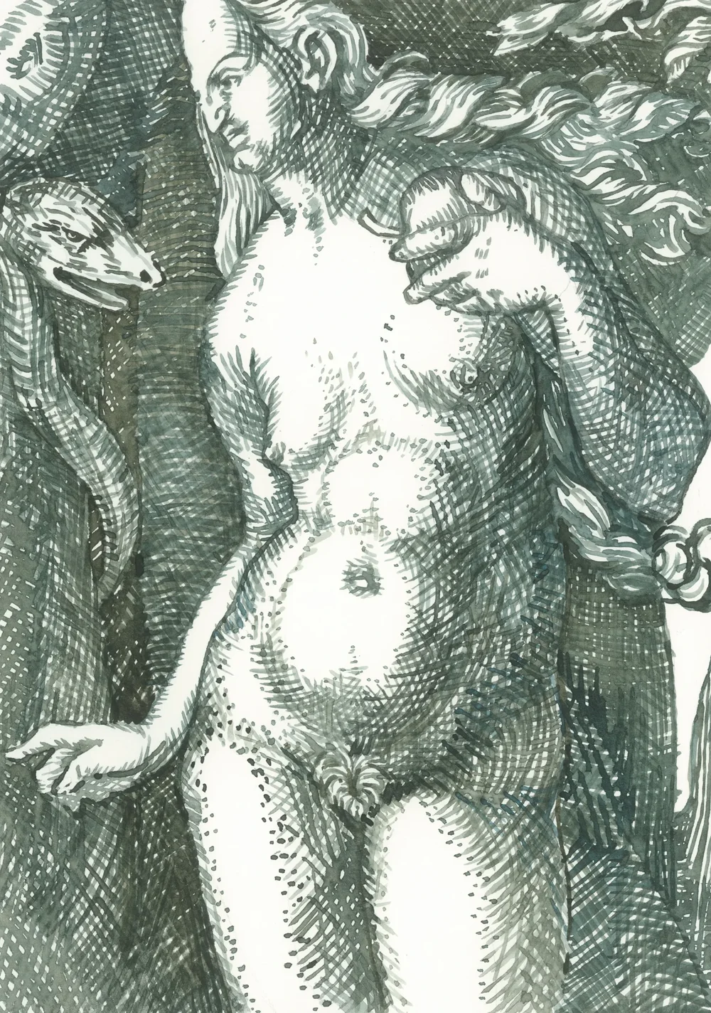 After Heinrich Aldegrever Eve 1502-1561 2025 Watercolour on Paper 21x29.7cm Clare Thackway