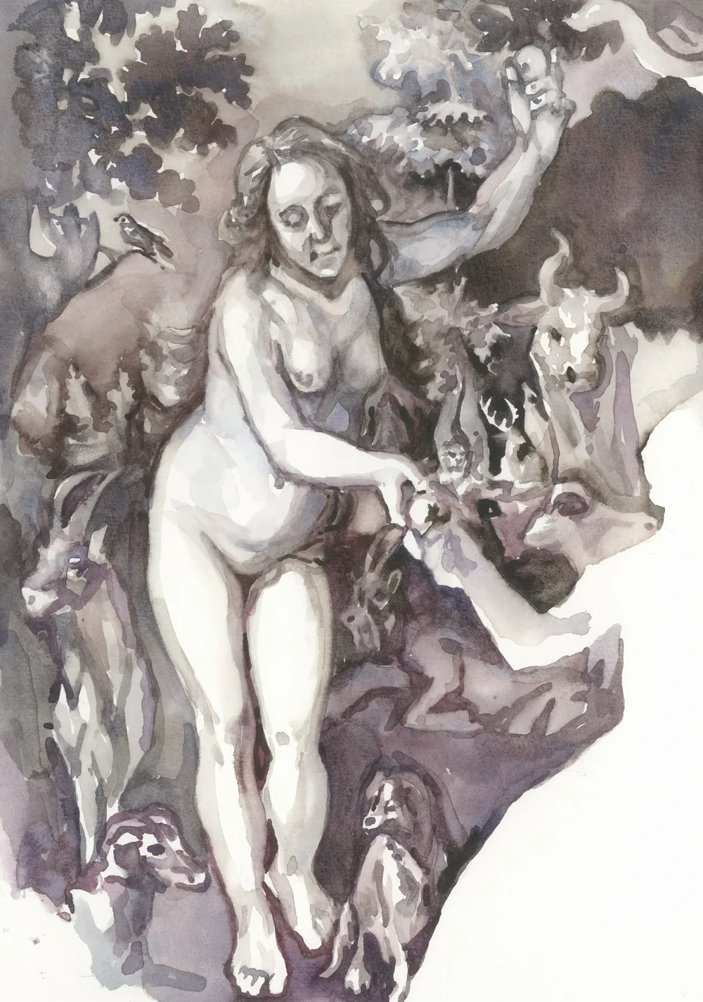 After Joachim Anthonisz Wtewael The Temptation of Adam and Eve 1614 2025 Watercolour on Paper 21x29.7cm Clare Thackway