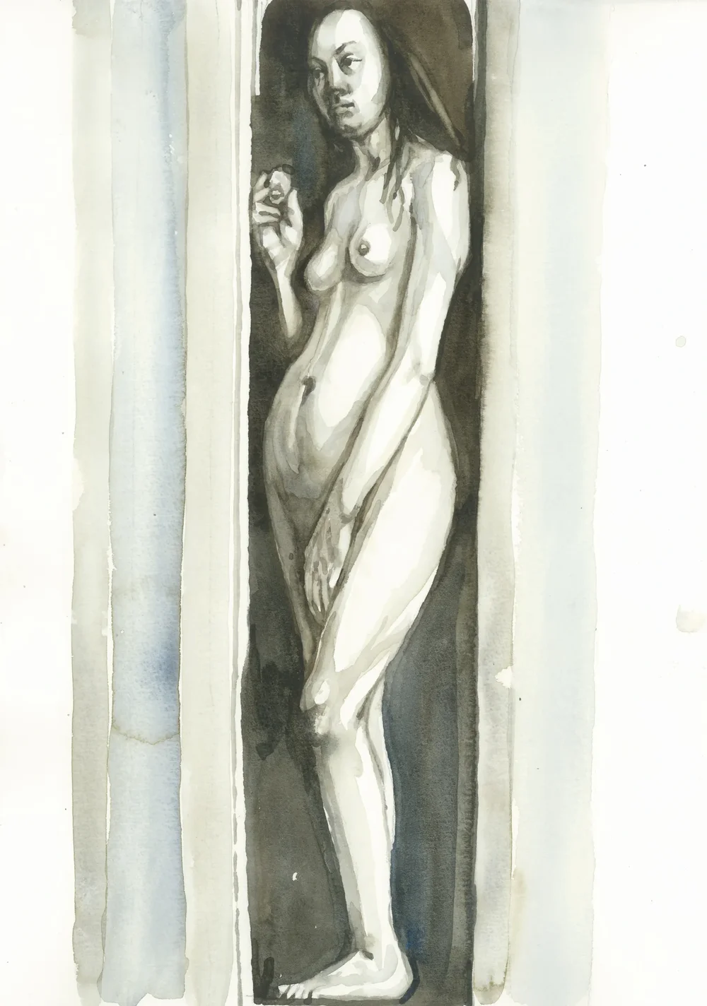 After Hubert and Jan van Eyck Adam and Eve Detail from the Mystic Lamb 1432 2025 Watercolour on Paper 21x29.7cm Clare Thackway