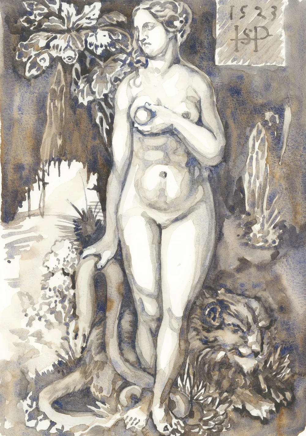 After Sebald Beham Eve Standing 1519-1523 2025 Watercolour on Paper 21x29.7cm Clare Thackway