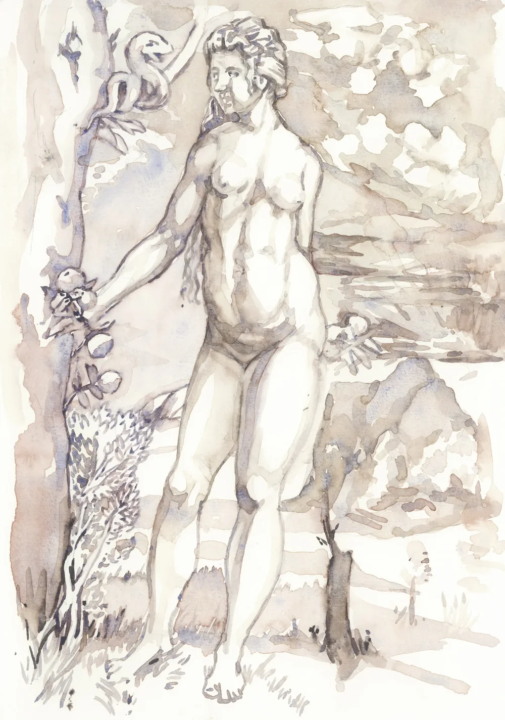 After Johann Ladenspelder Eve 1511-1560 2025 Watercolour on Paper 21x29.7cm Clare Thackway