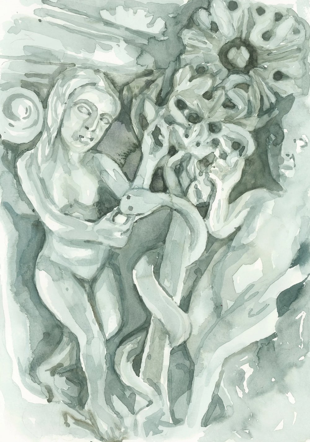 After Stone carving in Monreale Cathedral Fall of Man 1174-1189 2025 Watercolour on Paper 21x29.7cm Clare Thackway