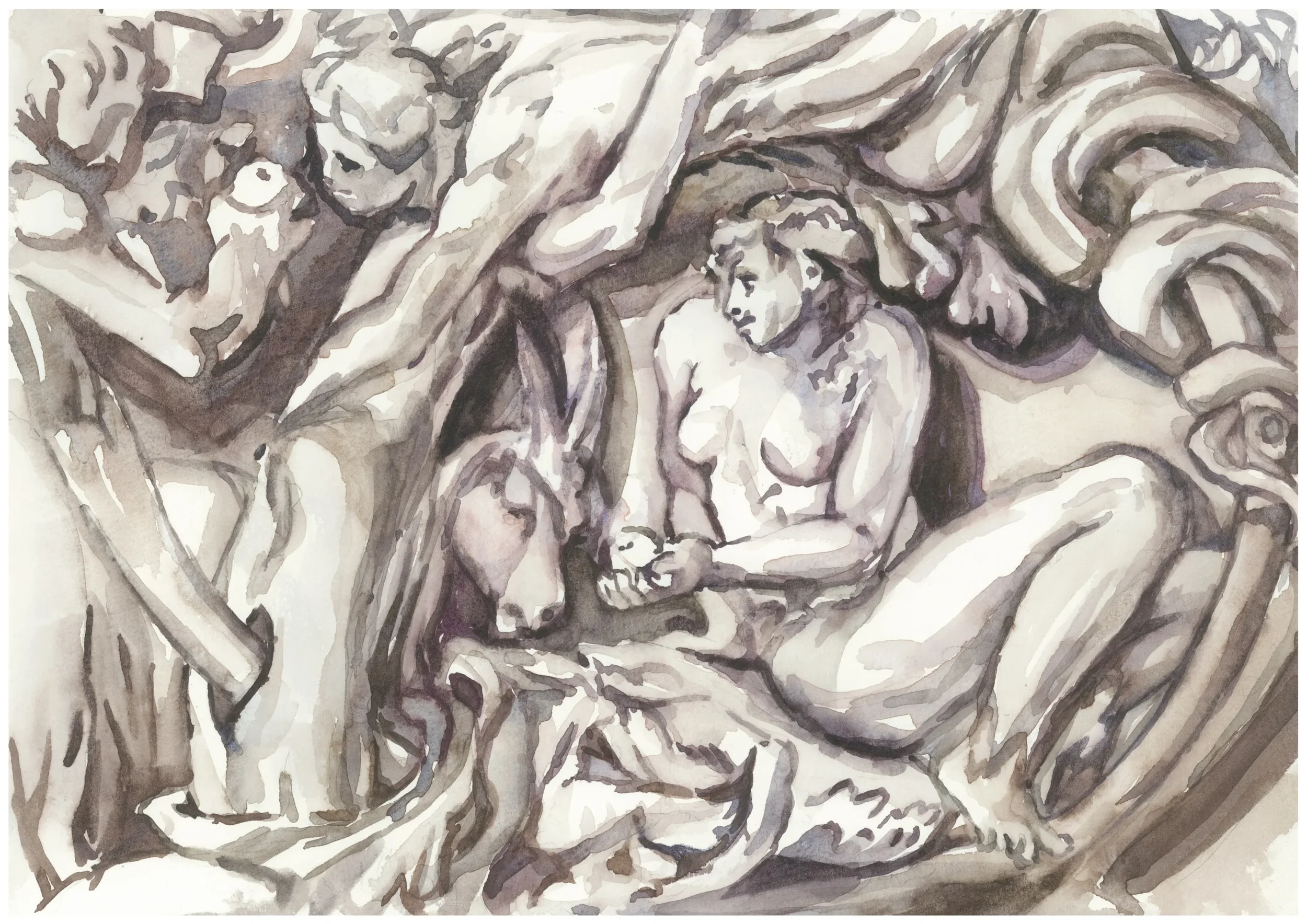 Eve Story after  Scetch for a Frieze, with the fall of man 2025 Watercolour on Paper 29.7x21cm Clare Thackway