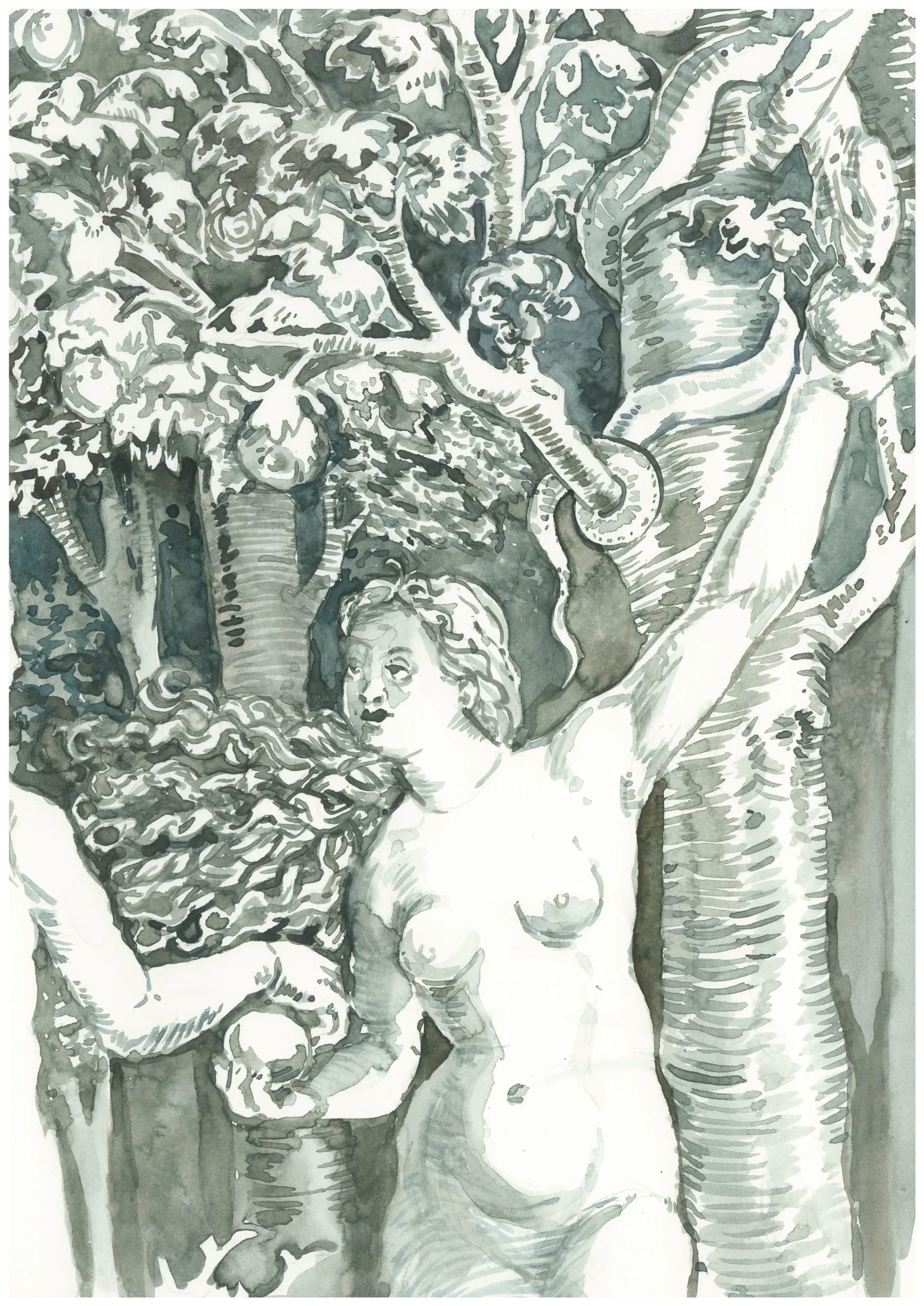 Eve Story after Hans Brosamer Adam et Eve 2025 Watercolour on Paper 21x29.7cm Clare Thackway