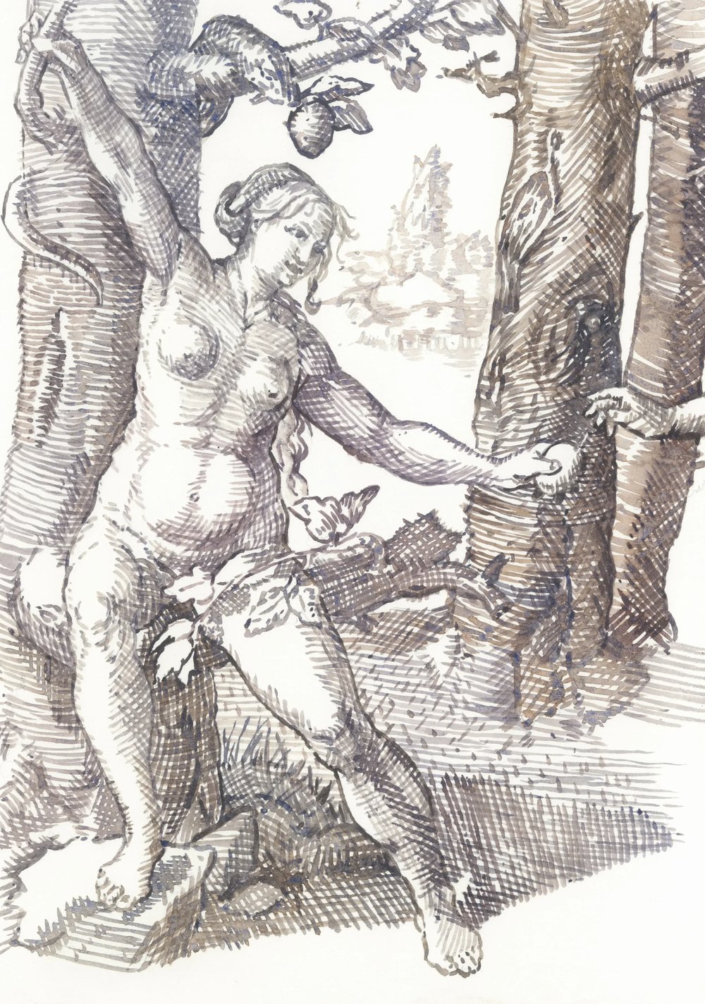 After Lucas van Leyden Eve Seducing Adam 1529 2025 Watercolour on Paper 21x29.7cm Clare Thackway
