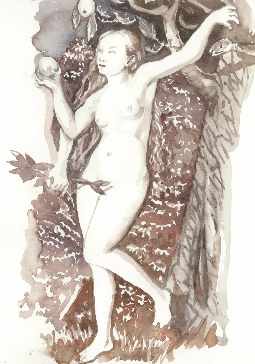 After Lucas Cranach the Elder Adam and Eve 1537 2025 Watercolour on Paper 21x29.7cm Clare Thackway