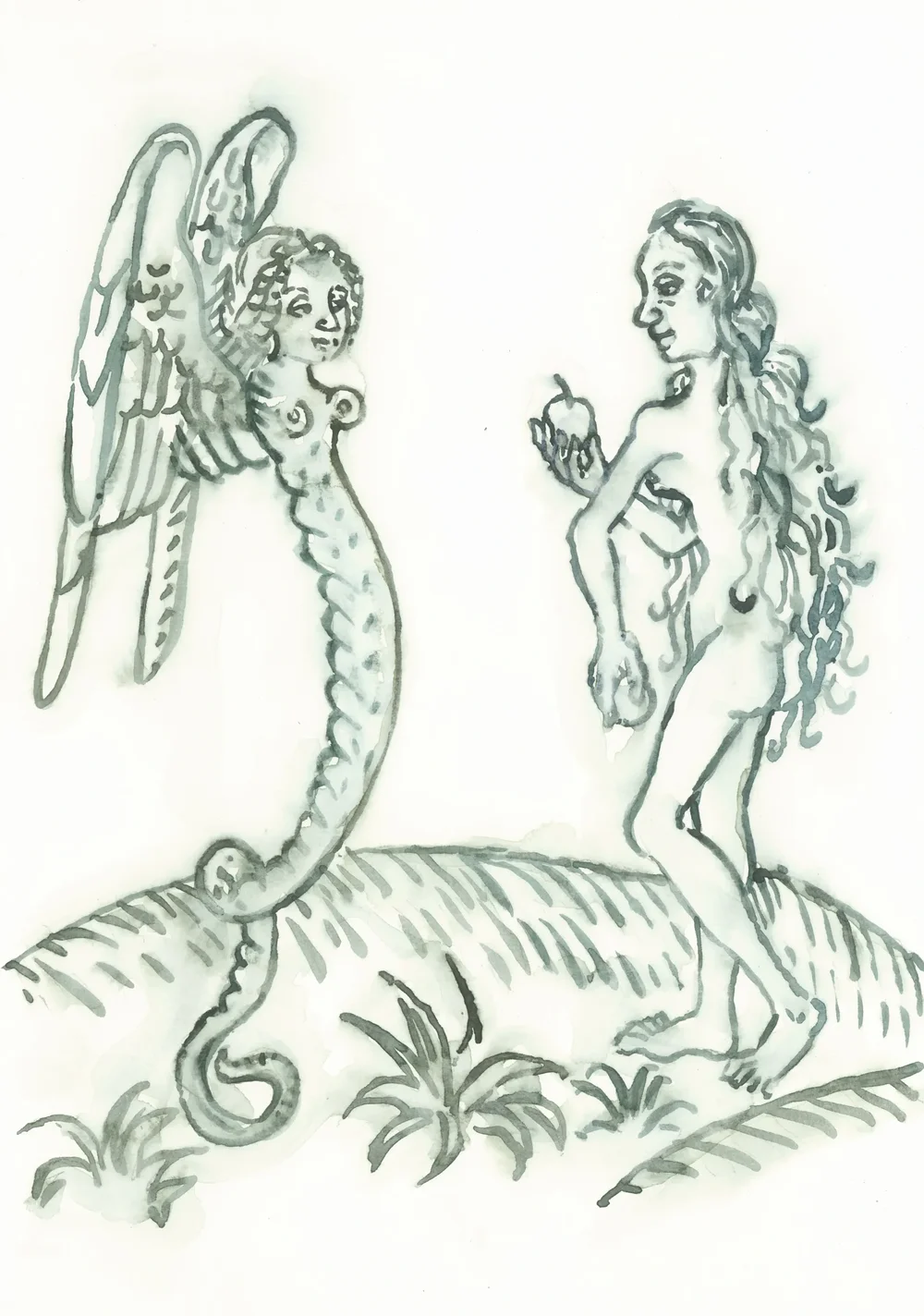 After Peter Drach and Bernard Richel Eva e a Serpente The Temptation of Eve 1480 2025 Watercolour on Paper 21x29.7cm Clare Thackway
