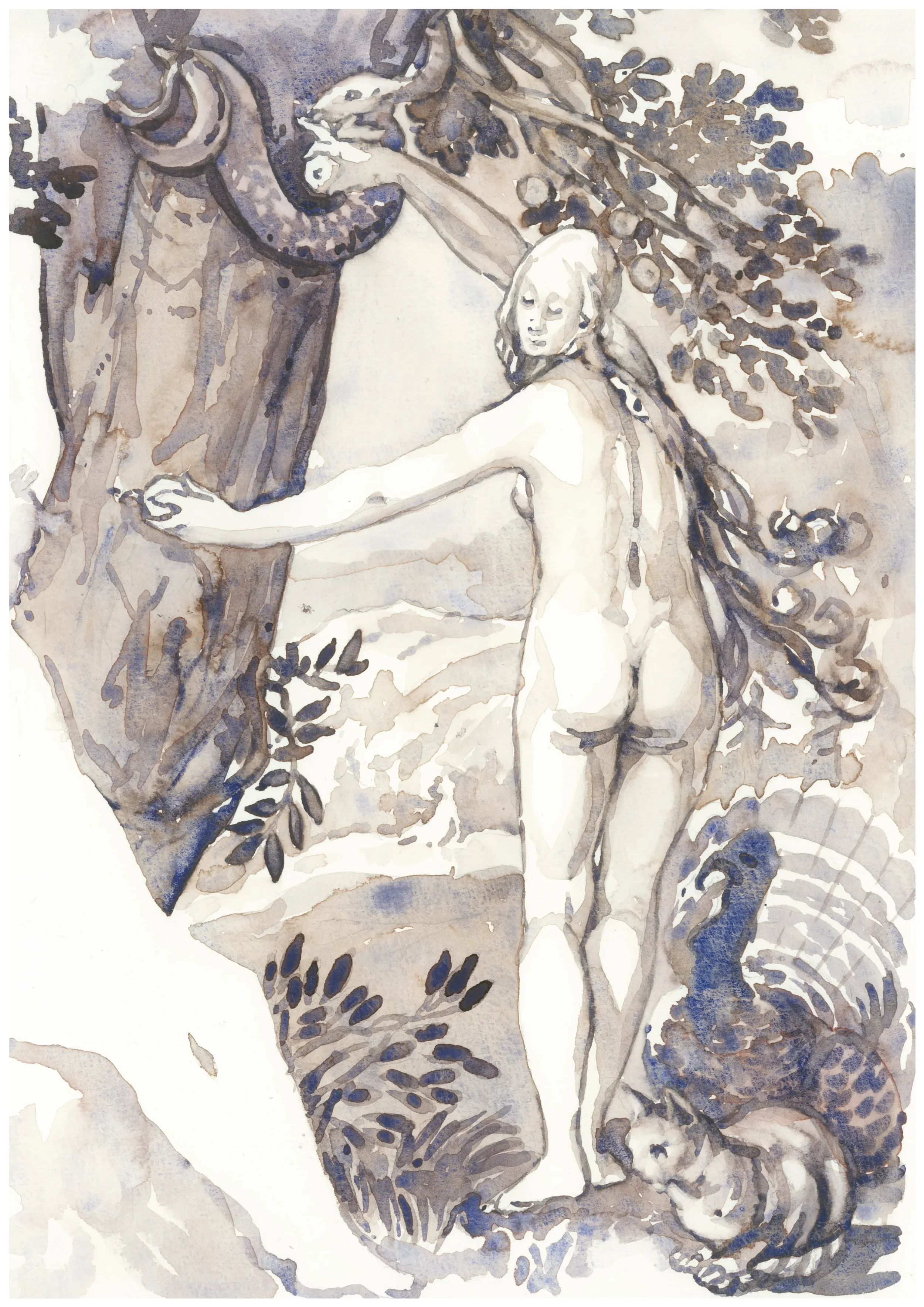 Eve Story after Jan (Pietersz.) Saenredam, After Abraham Bloemaert Eve Giving Adam the Forbidden Fruit, plate 3 from "The Story of Adam and Eve" 2025 Watercolour on Paper 21x29.7cm Clare Thackway