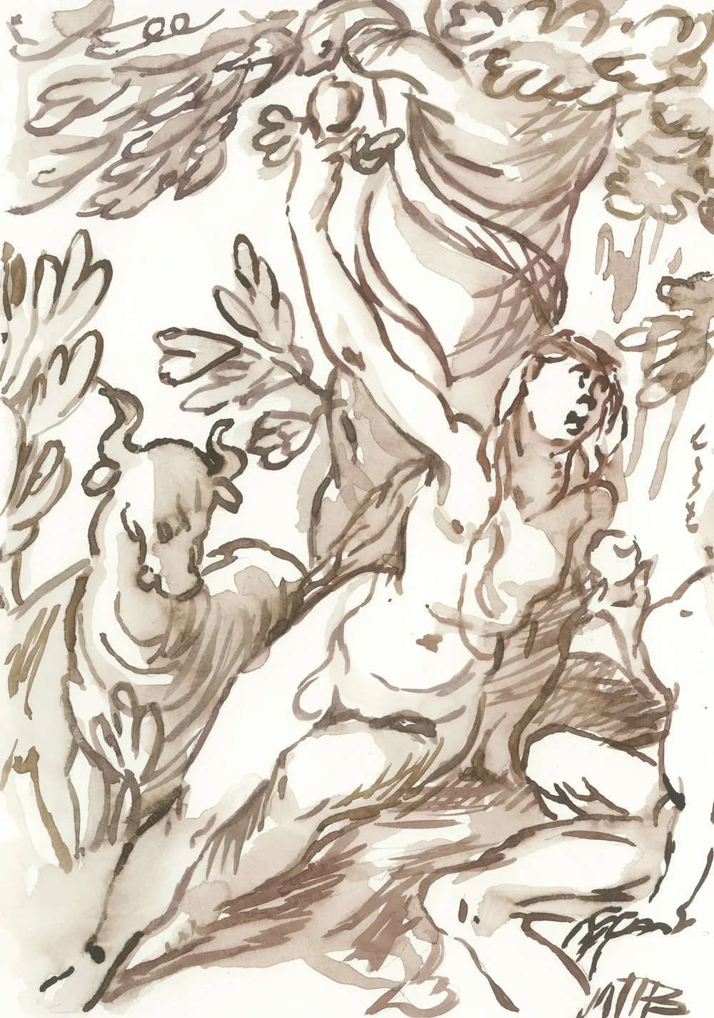 After H.E. Weyer Fall with Animals 1610-1620 2025 Watercolour on Paper 21x29.7cm Clare Thackway
