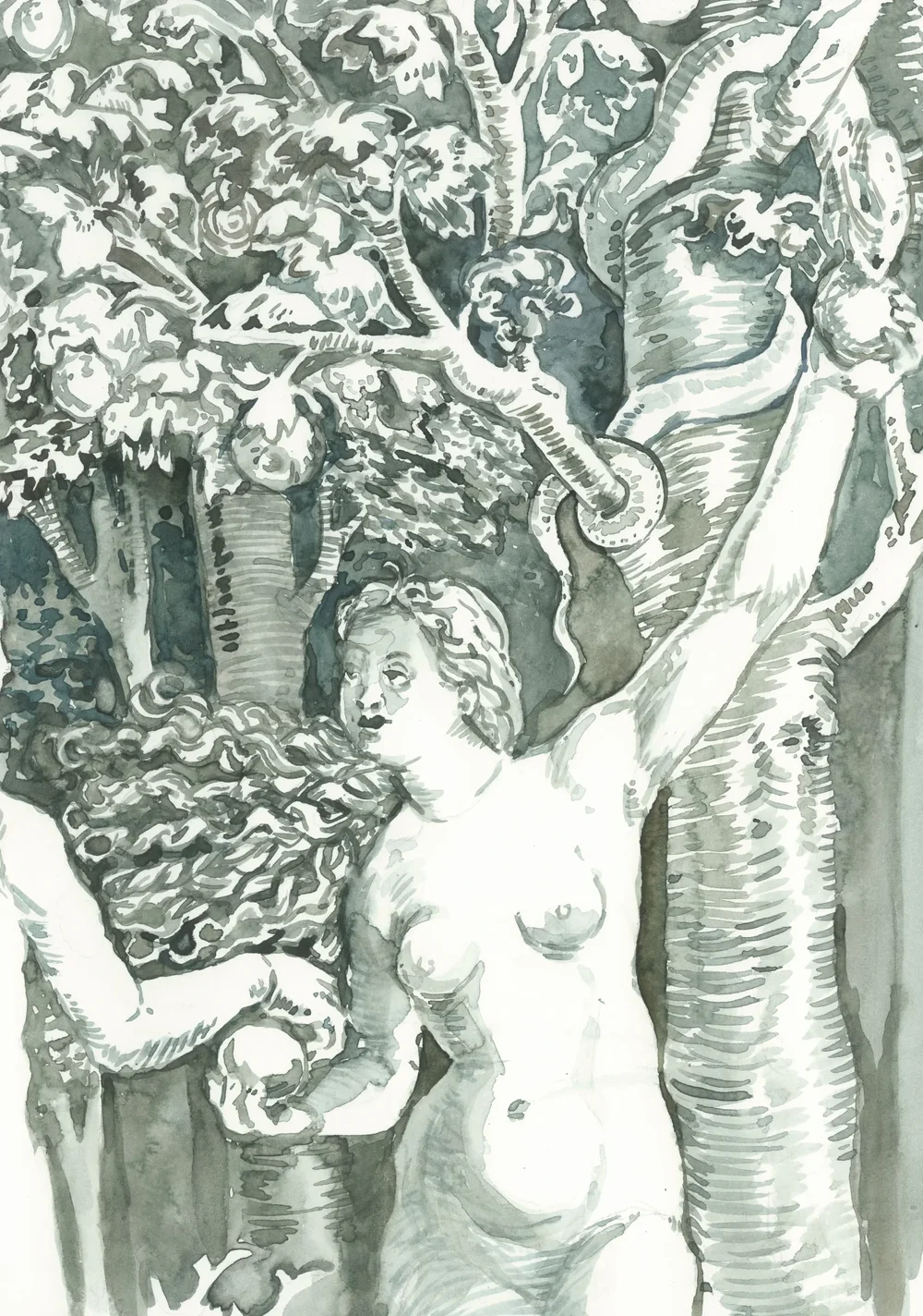 After Hans Brosamer Adam et Eve 1500-1554 2025 Watercolour on Paper 21x29.7cm Clare Thackway