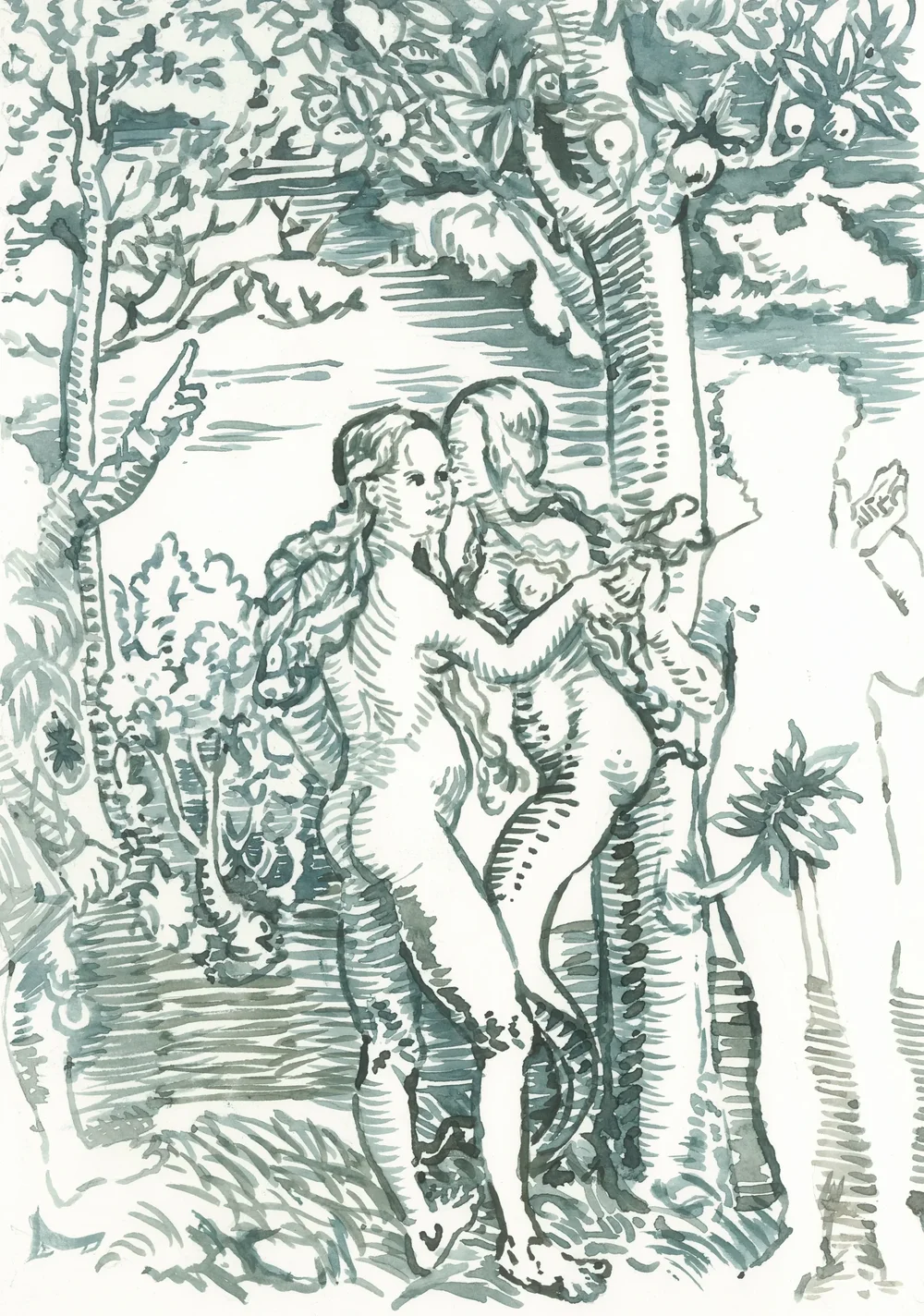 After Lucas Cranach the Elder The Fall of Man 1522 2025 Watercolour on Paper 21x29.7cm Clare Thackway