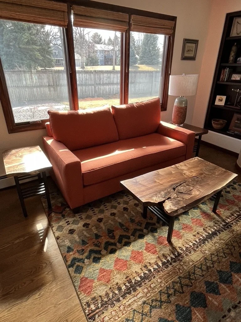 Living room with a salmon-colored sofa, a wooden coffee table, a side table, a lamp, a patterned rug, and large windows with wooden blinds showing an outdoor yard.