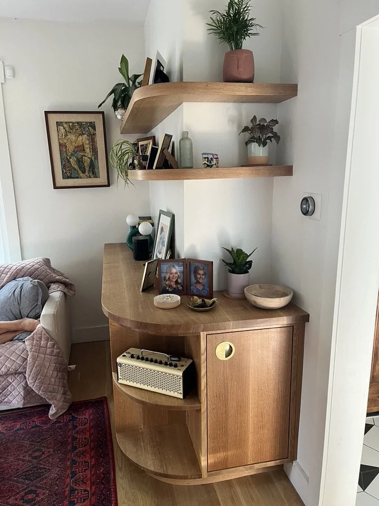 White oak floating shelves | Custom living room