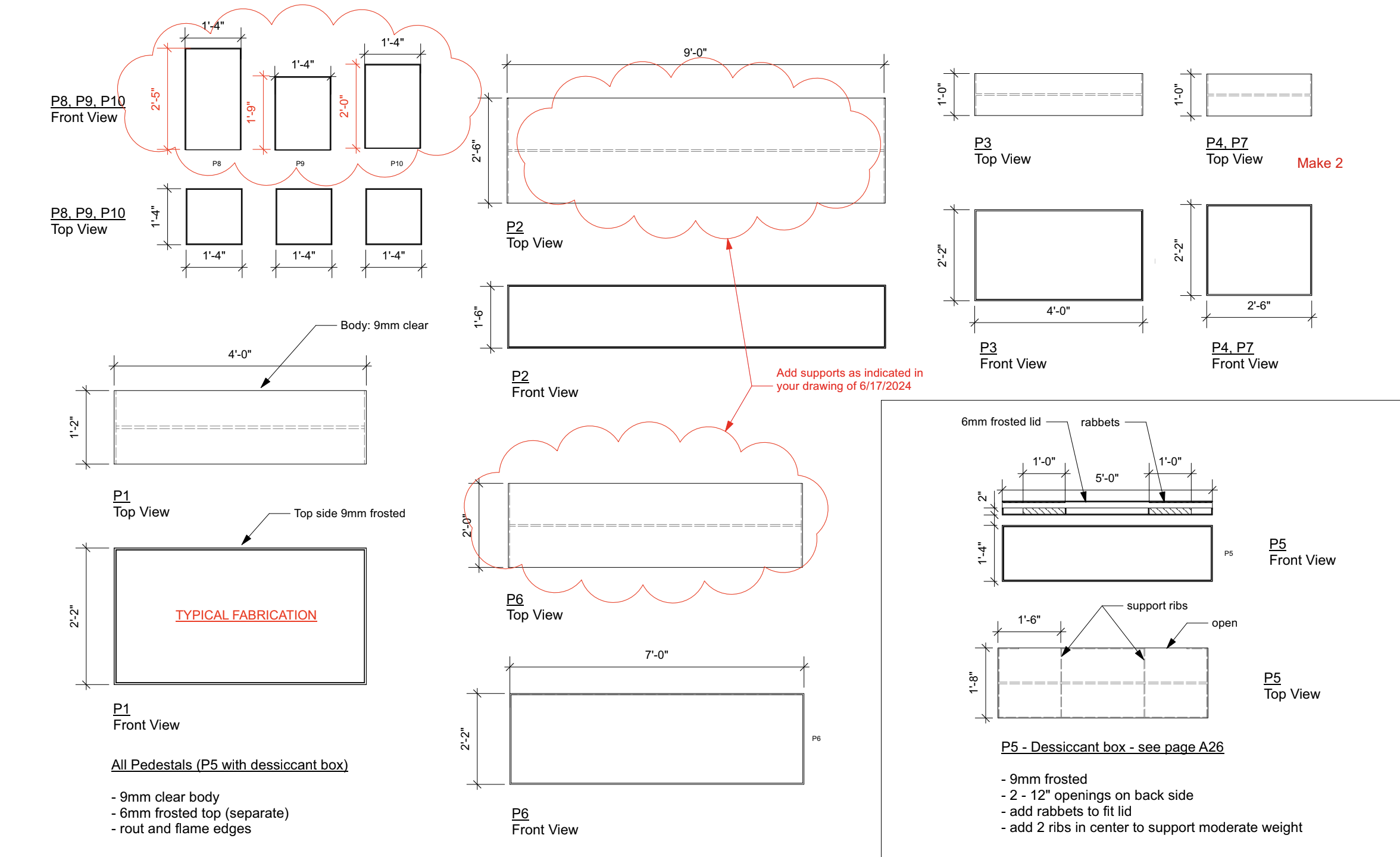Detailed CAD shop drawings showing acrylic display cases with notes and dimensions.