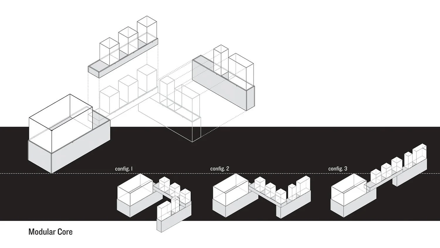 Concept layout showing multiple configurations of a modular display case and pedestal system for an exhibit.