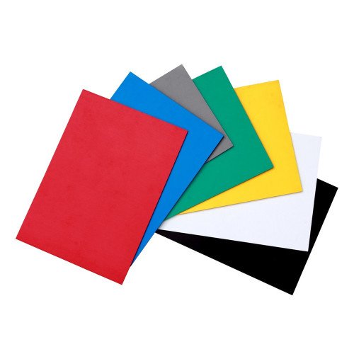 Assorted colored foam sheets, including red, blue, gray, green, yellow, white, and black, fanned out on a white background.