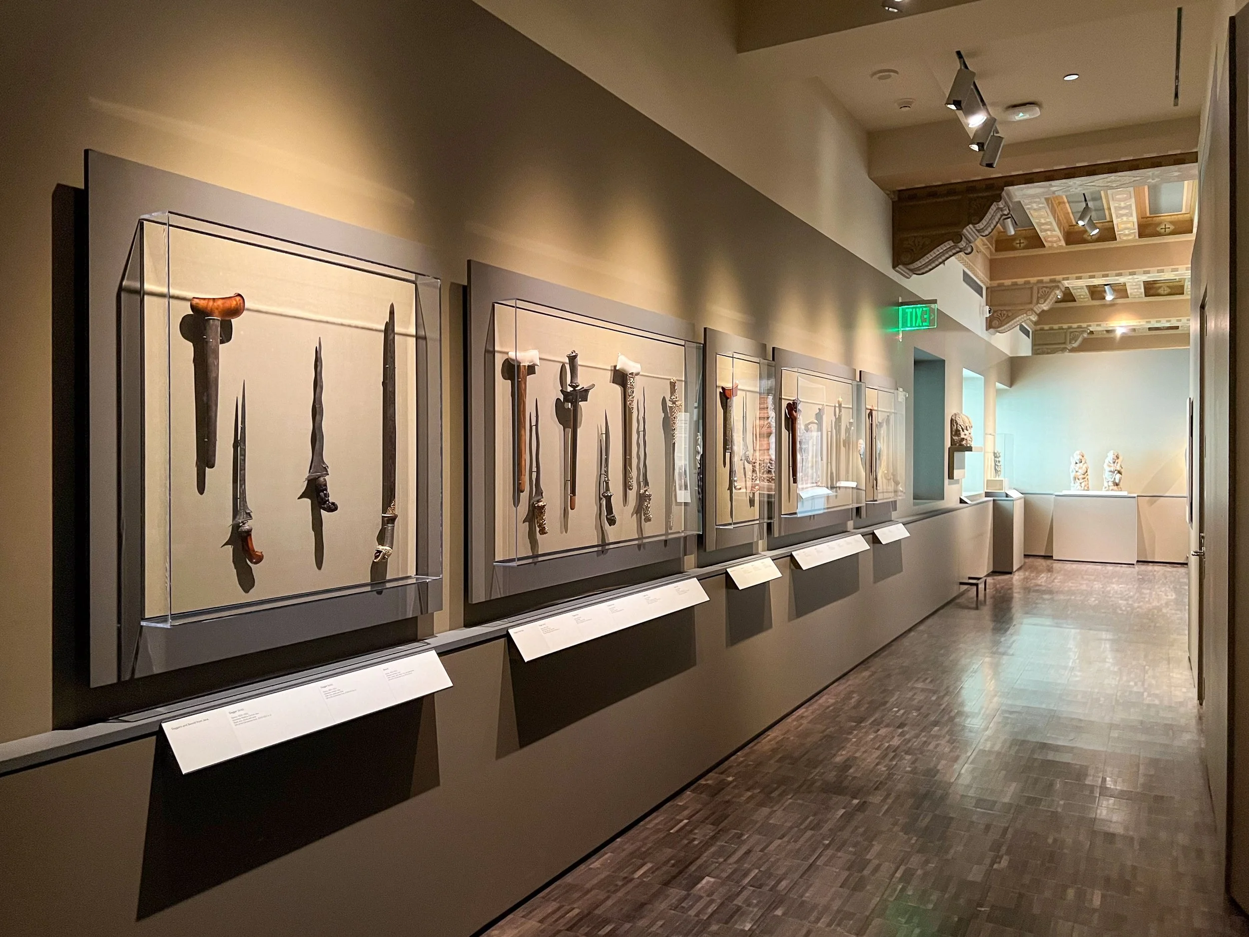 Row of museum wall cases with acrylic vitrines displaying a curated collection in a gallery corridor.