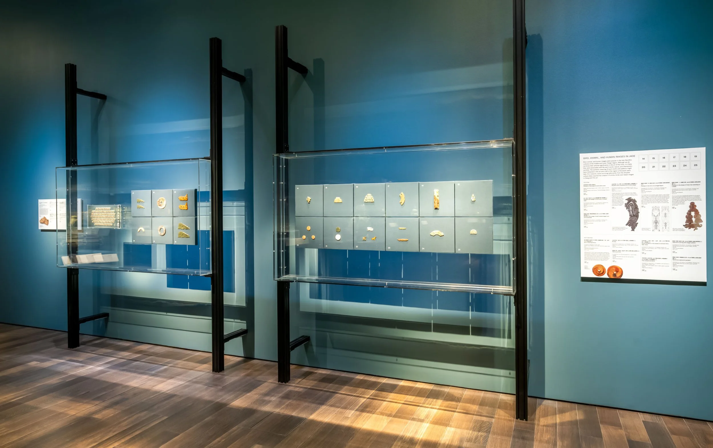 Long-format wall-mounted acrylic display cases installed on a museum wall for small artifact display with metal support structure.