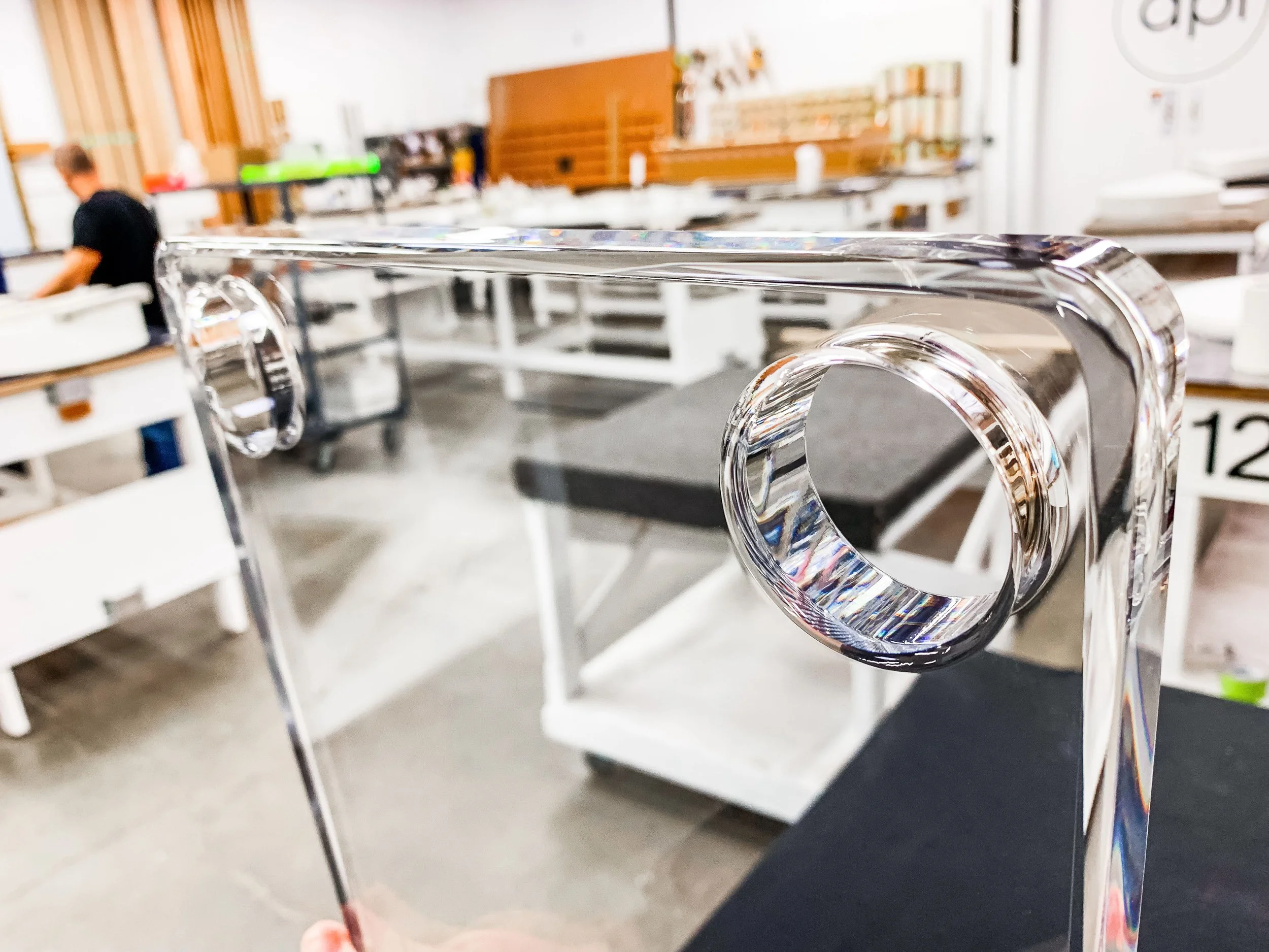 1 inch thick acrylic panel with radius corners after buff polishing.  Interior edges of circular cut outs also polished.