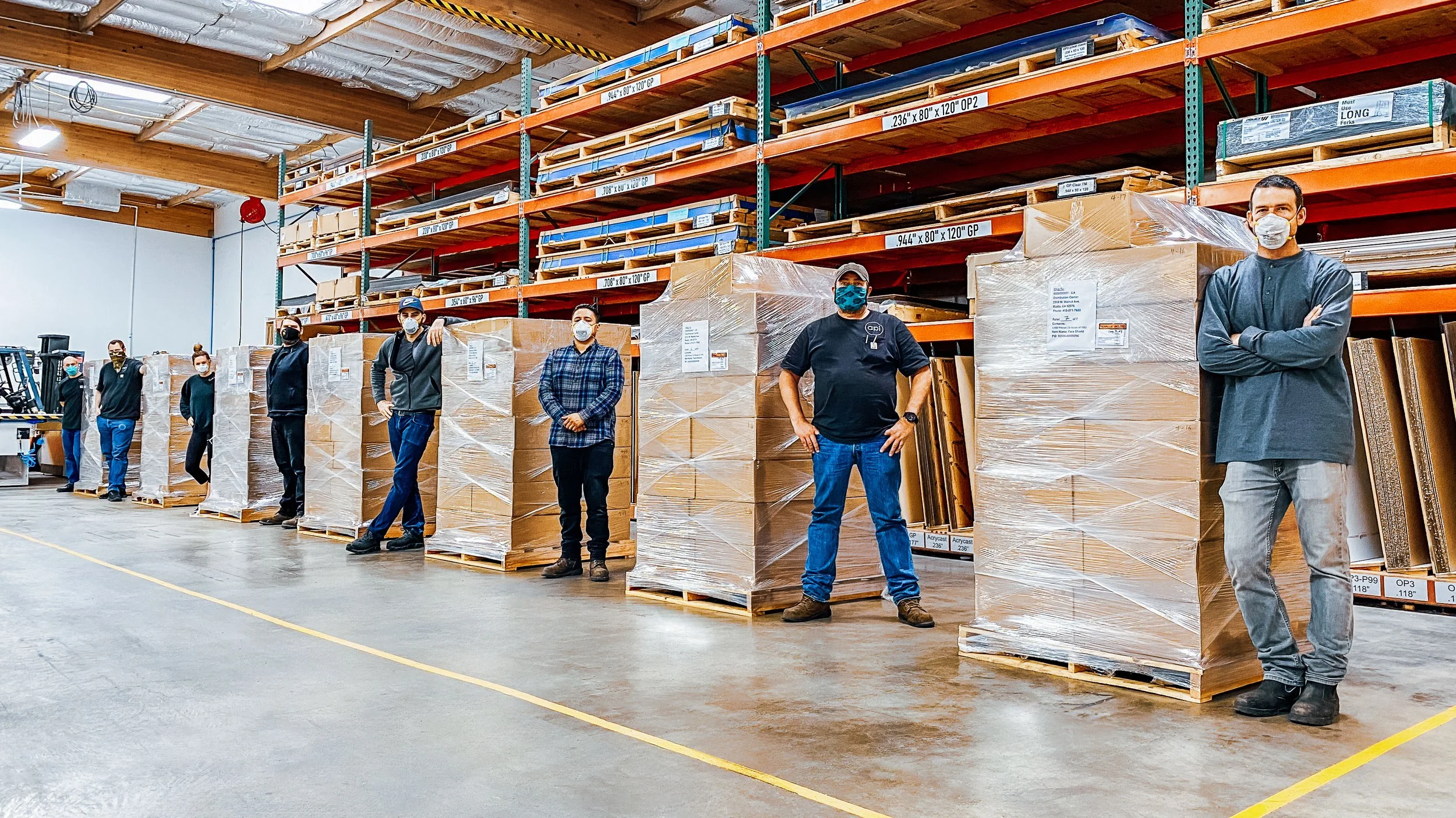 Palletized and wrapped shipments staged in the warehouse, ready for secure nationwide and international delivery.