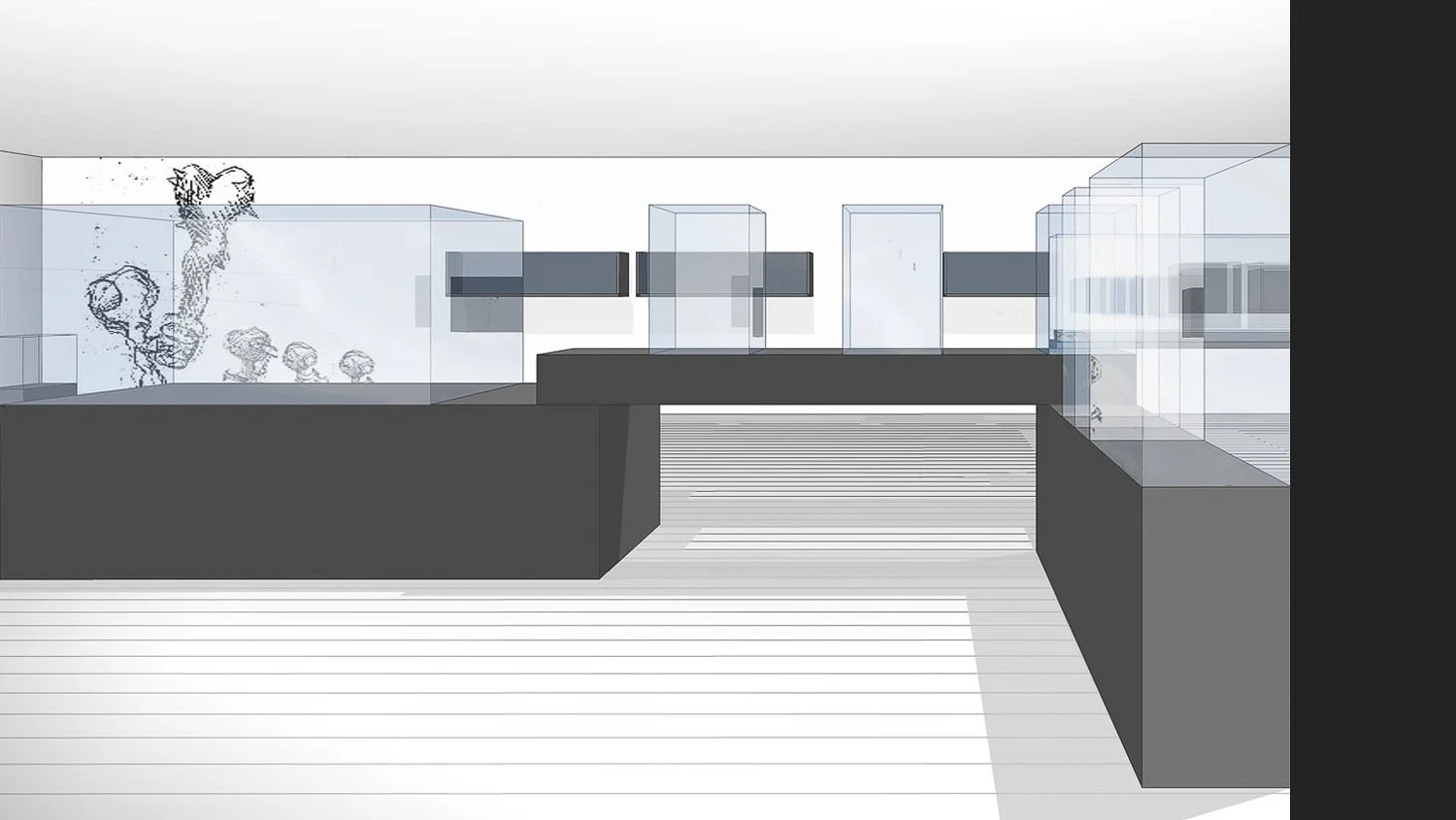 Concept rendering of a modular display system showing case, pedestal, and layout proportions before fabrication.