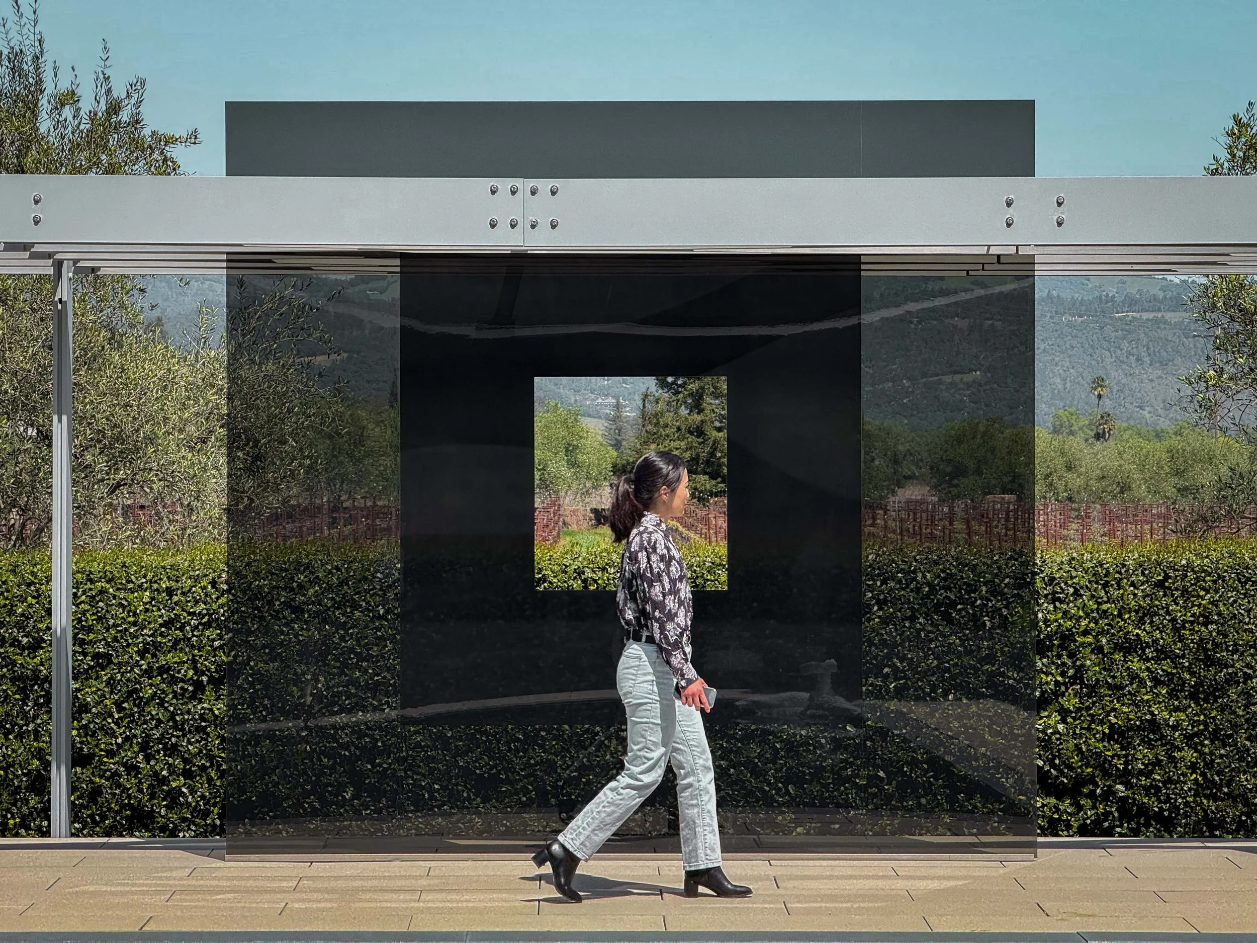 Woman walking past a smoke acrylic seamed panel art installation in Napa, CA.