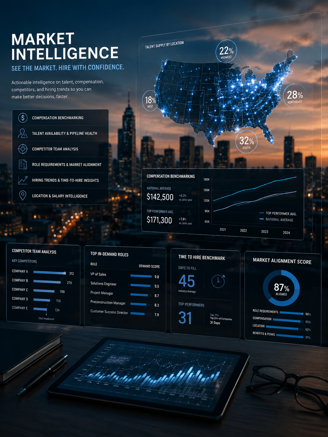 Market Intelligence  Compensation, talent mapping, competitor insight, and realistic hiring timelines.