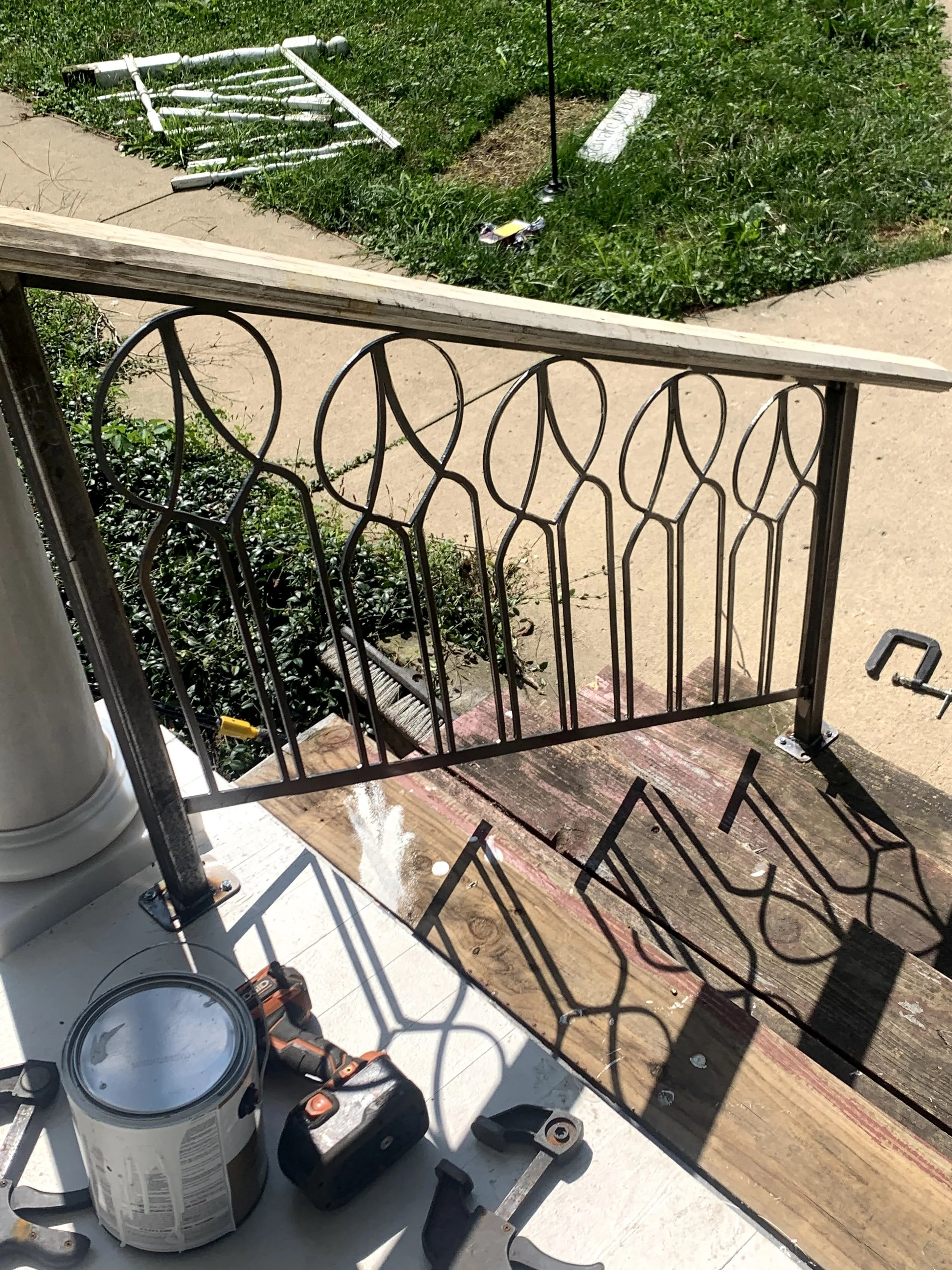 Custom railing for a Victorian era home. Designed to match leaded glass windows in home. 