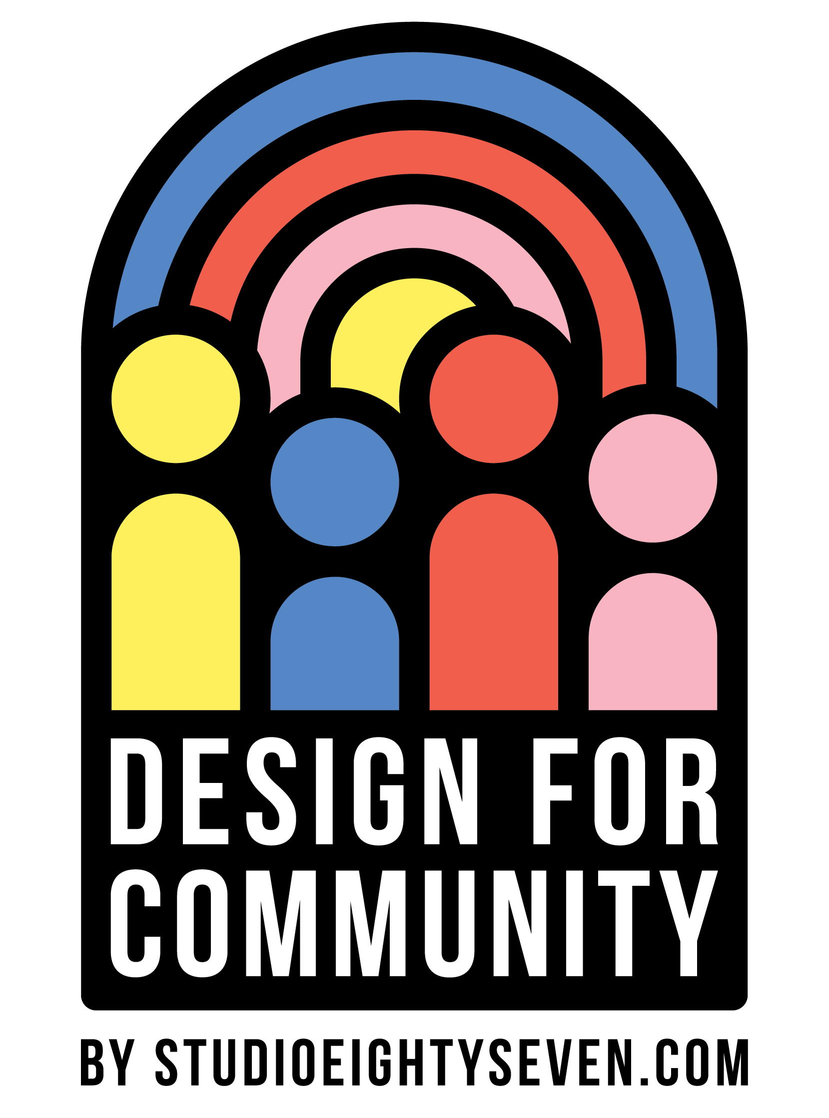 Colorful graphic of four stylized human figures with a rainbow above them, and the text 'Design for Community' below.
