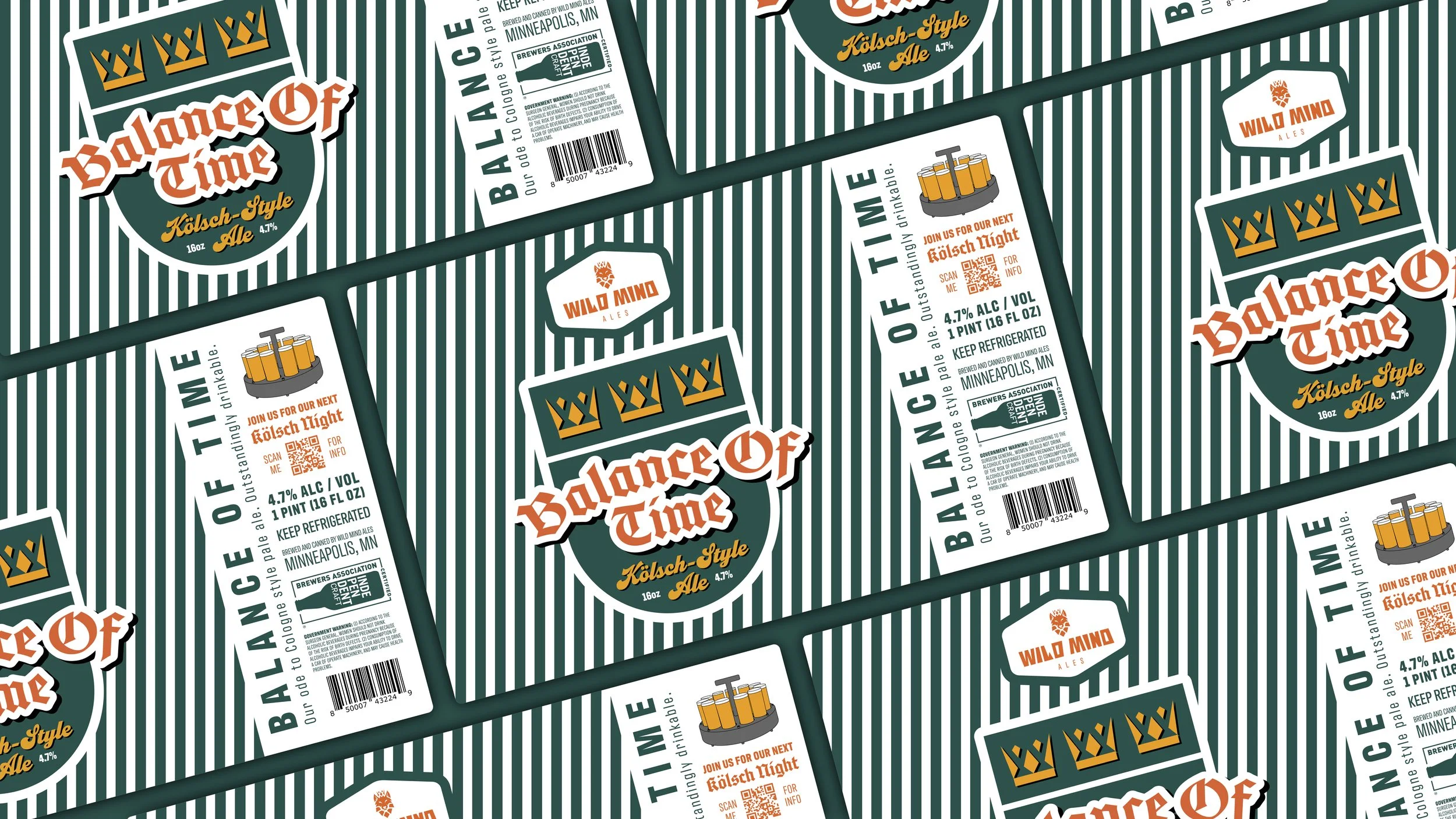 Multiple beer can labels with the Balance of Time logo, stripes, and product information.