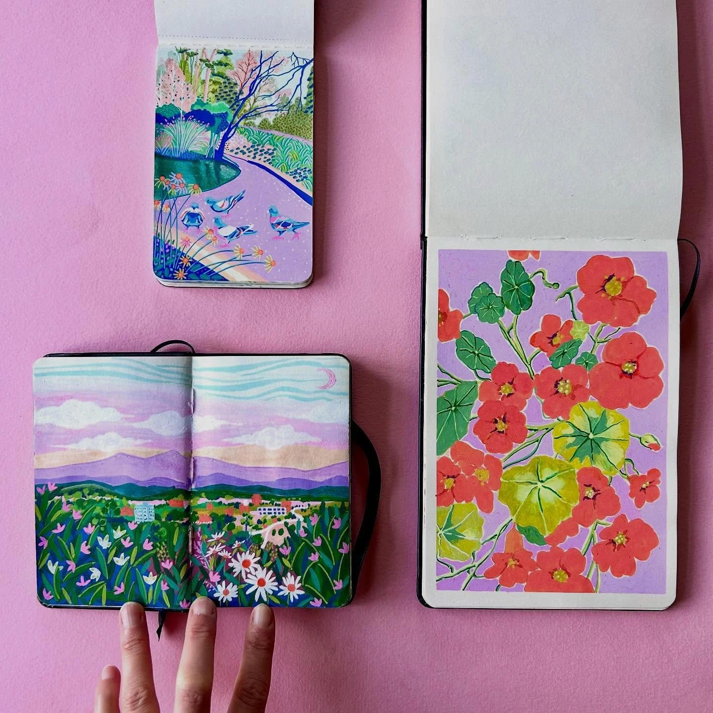 My happy place. To be working in my sketchbooks exploring colour and pattern in the everyday. 
Illustrations of birds at our local park, nasturtium from our garden and a landscape of Asheville in the US for the band @khruangbin 
#sketchbook #sketchbo