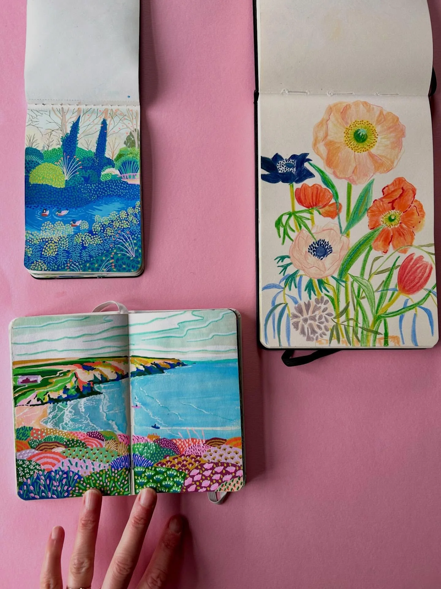 Some delights from my sketchbooks. I use a collection of pens like @posca_uk and @molotowheadquarters and a collection of pencils @carandache and @derwentartofficial to create my illustrations. I love to work in tiny sketchbooks and I enjoy seeing co