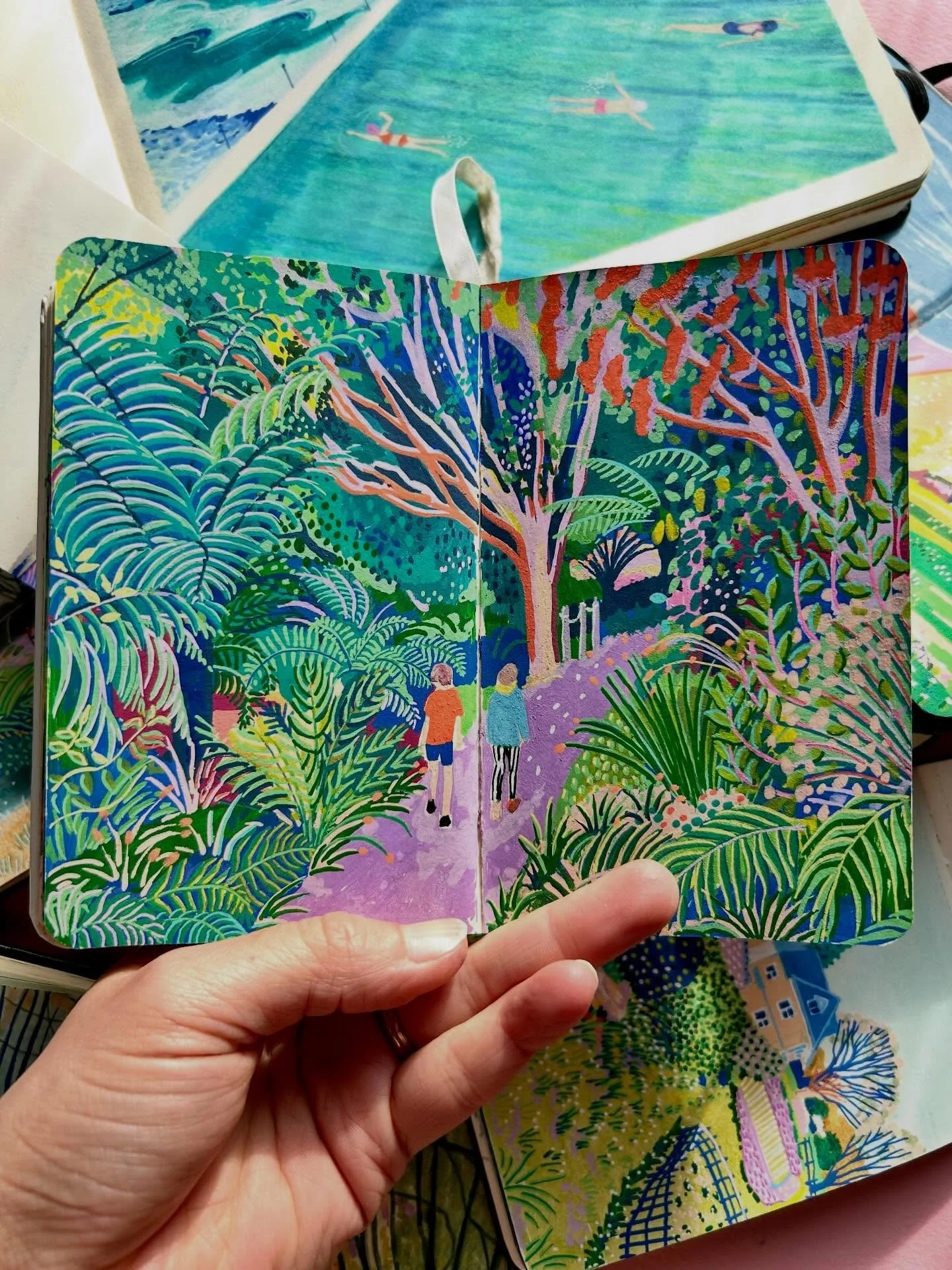 My sketchbook books. I love exploring colour/pattern/technique in these tiny A6 sketchbooks. I use @royaltalens and @moleskine A6. #illustration #mixedmediaart #patterndesigner #coloirfulart #colourpop