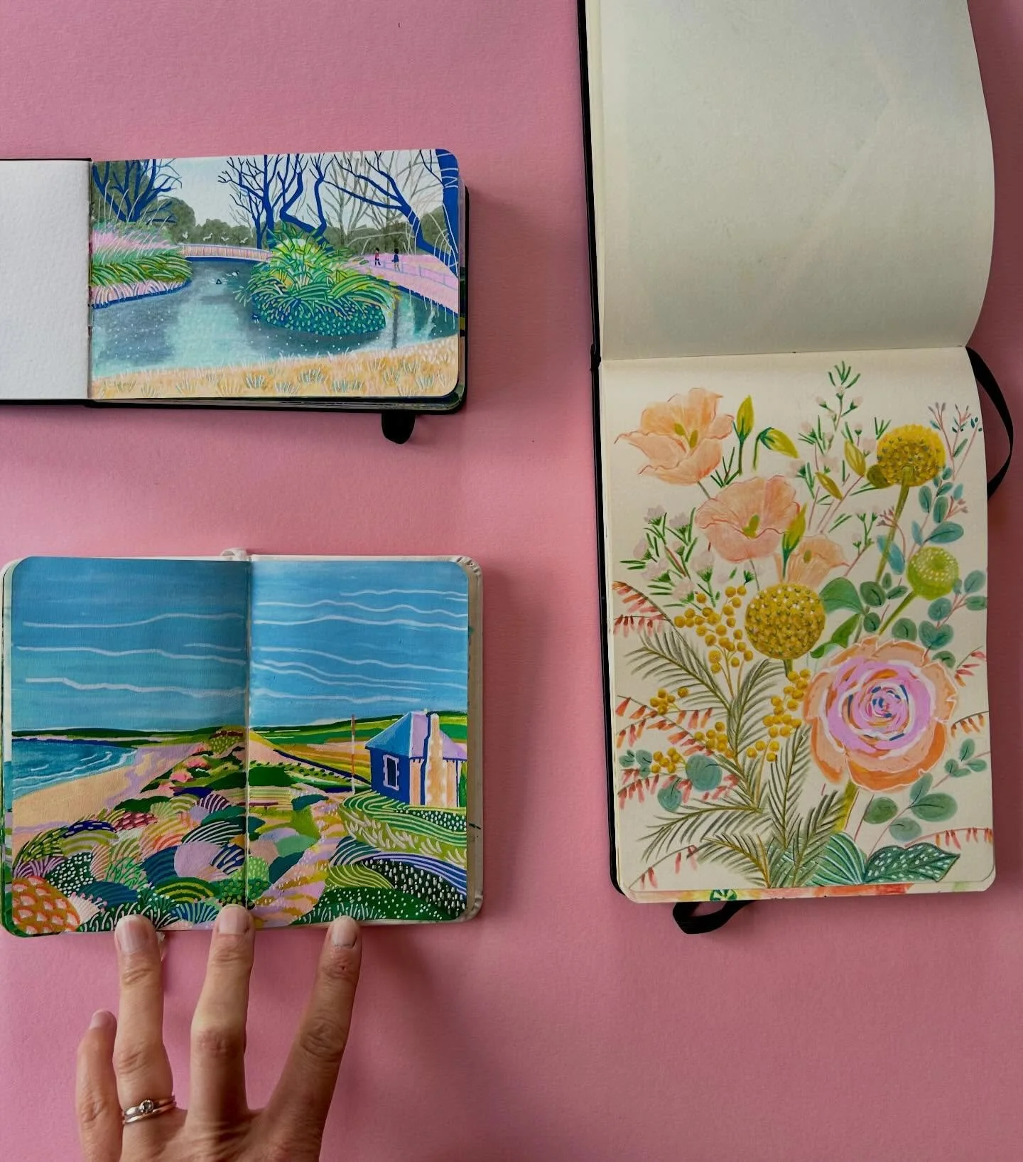Sketchbook spreads. A collection of florals and landscapes. All depicting the colour and pattern I see. All using pens and pencils to create little magical scenes.
I hope you enjoy my work as much as I enjoy creating them.
#illustration #colourfulart