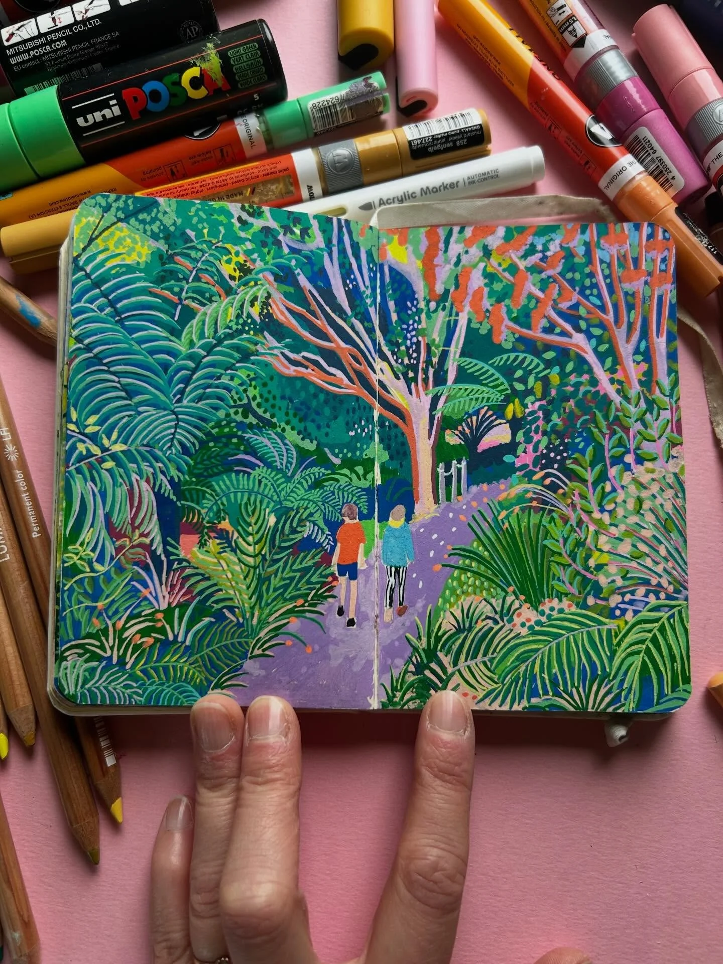 A series of double spread sketchbook pages. I love to fill these pages with colour and pattern. I love exploring all the intricate layers in scenes and flowers I see around me.
It gives me joy and I hope that&rsquo;s how you feel when seeing my work 