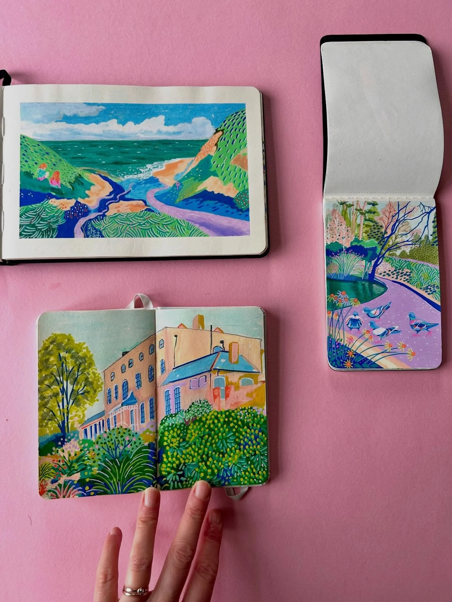 Sketchbook spreads. My @royaltalens and @moleskine small A6 sketchbooks with artworks created with a mix of marker pens and artist pencils.
#illustration #colourfulart #sketchbookart #mixedmediaartwork #contemporaryart