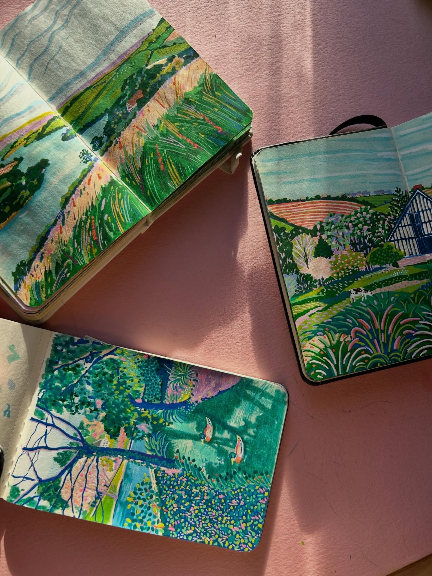 Some sketchbooks lying in the sun. I use a collection of @royaltalens and @moleskine sketchbooks and a collection of pens and pencils to create my illustrations.
I&rsquo;ve been working like this for 6 years since the pandemic. I was on maternity lea