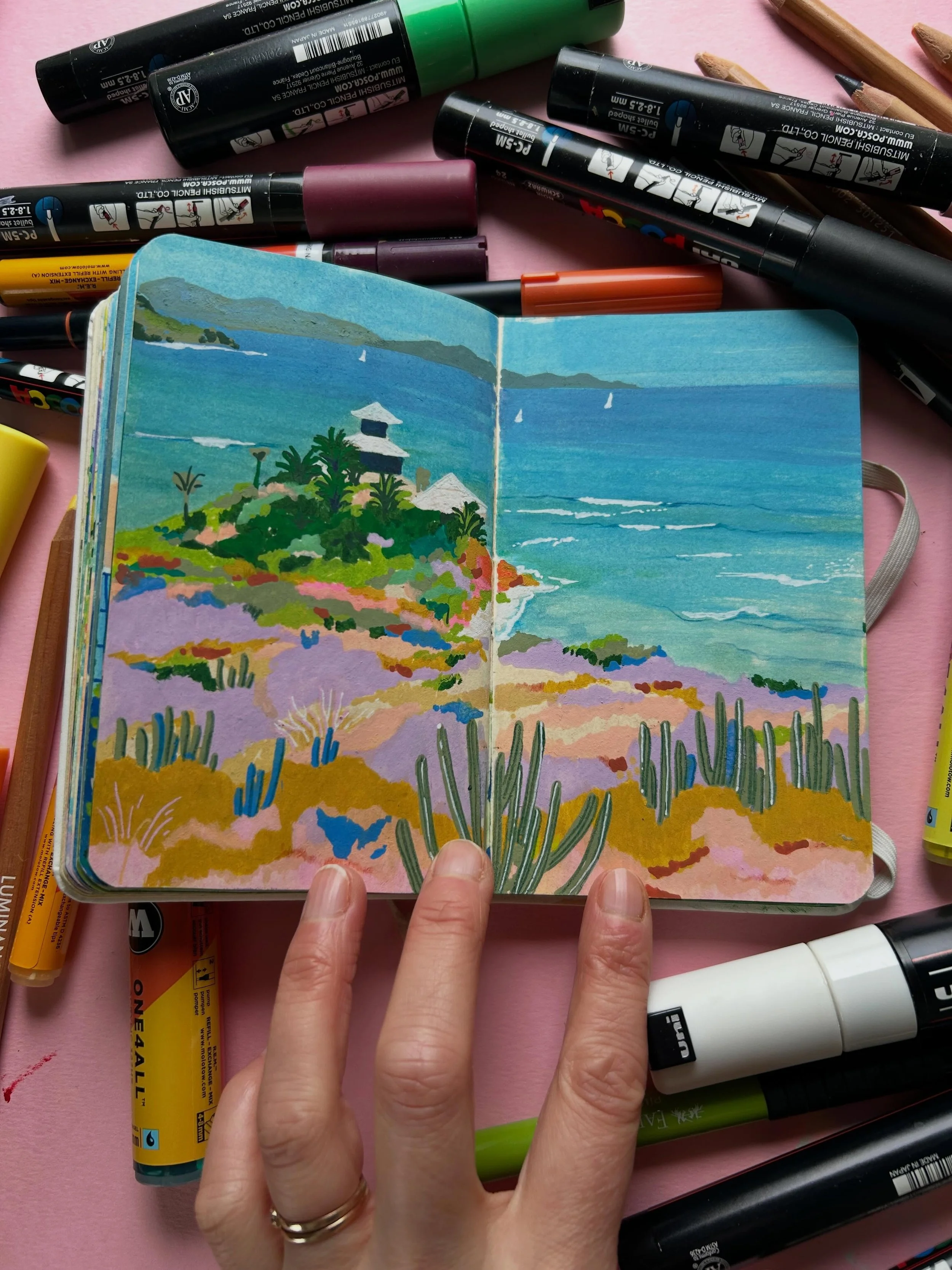 A collection of sketchbook spreads from special places I&rsquo;ve been to.
I love to capture all of the intricate colour and pattern I see around me.
I fill@tiny sketchbooks up with my drawings and some of them get developed into larger pieces of Art