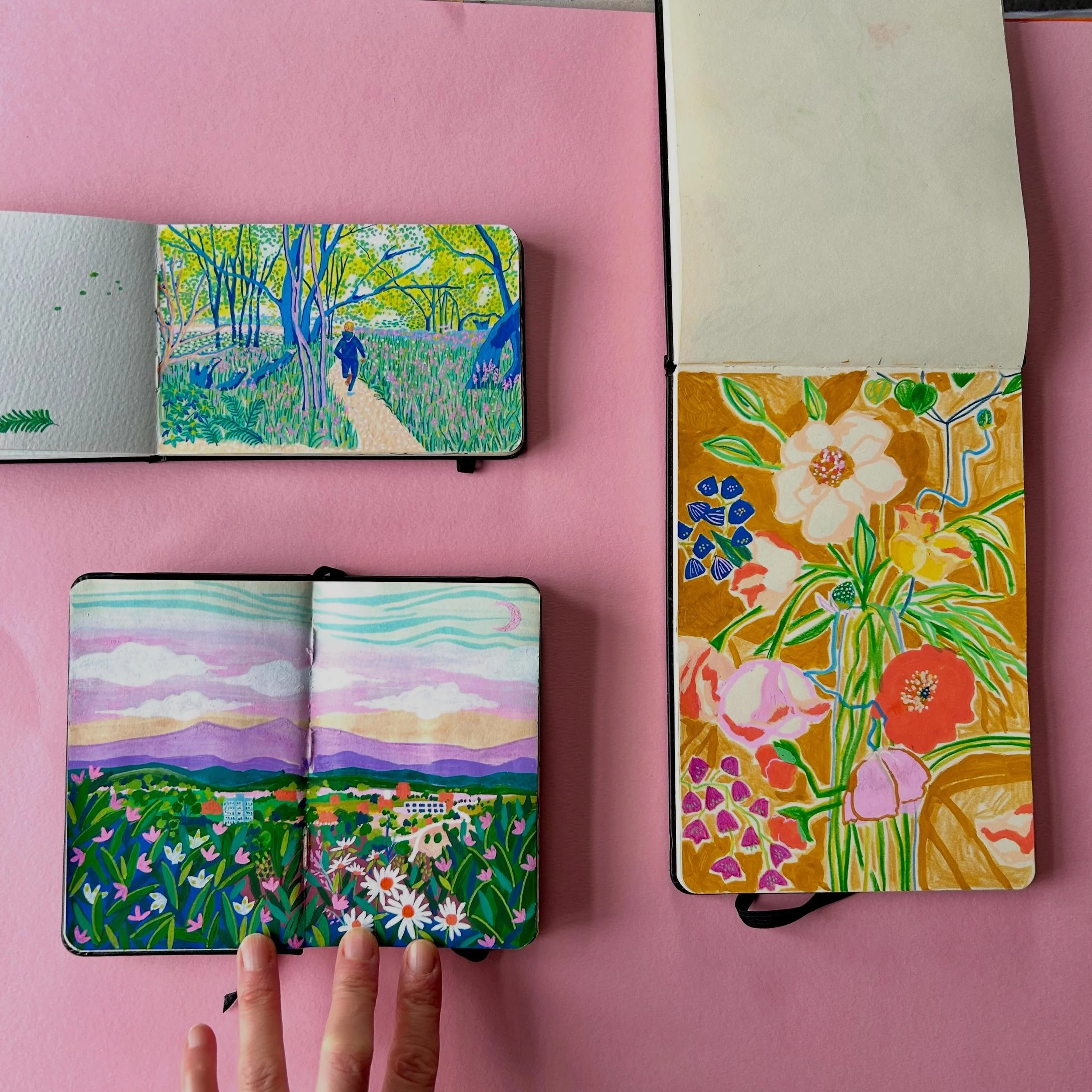 Take a look at a selection of sketchbooks. Moments from my life and a commission for a client.
I work on personal collections, private commissions and commercial collaborations and commissions. My work varies day to day as I also work as a Textile Pr