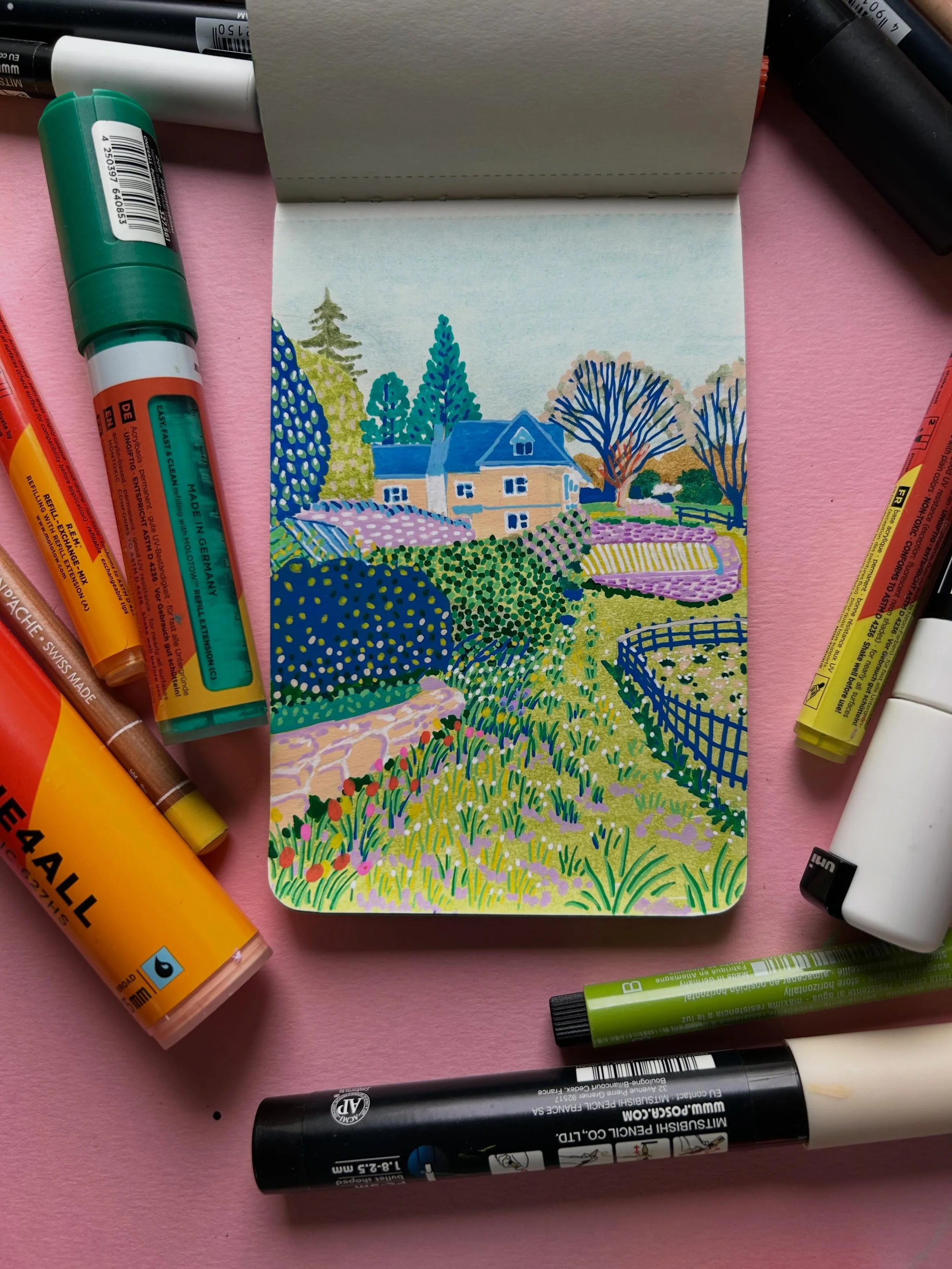 My @moleskine small A6 sketchbook filled with my earlier drawings exploring my new area of Gloucestershire. I love to use a selection of Artist pens and pencils on small scale sketchbooks as I enjoy the limitations. I have a tendency to get overwhelm