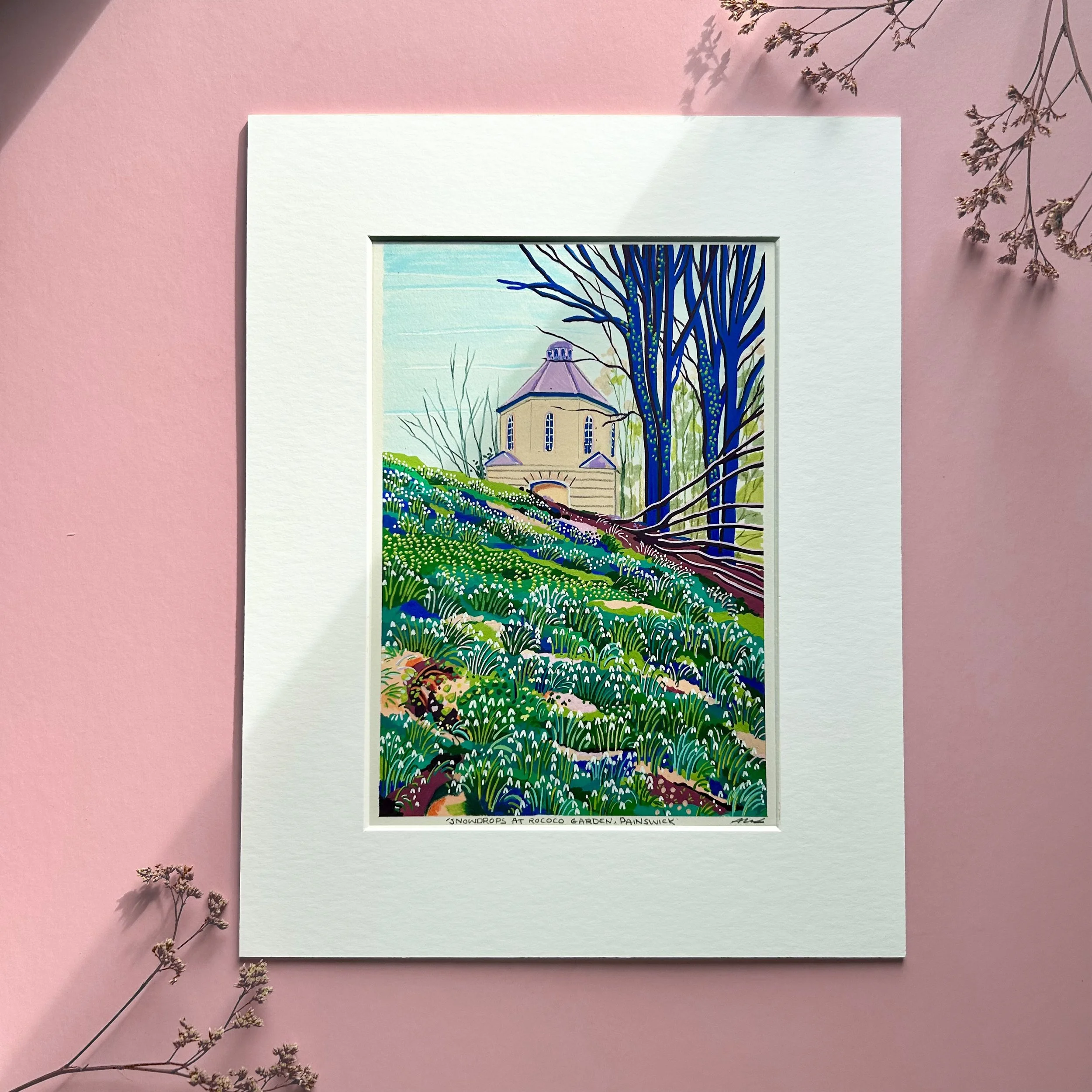 Original Artwork of Snowdrops at Rococo Garden, Painswick – Alice Brisland Design