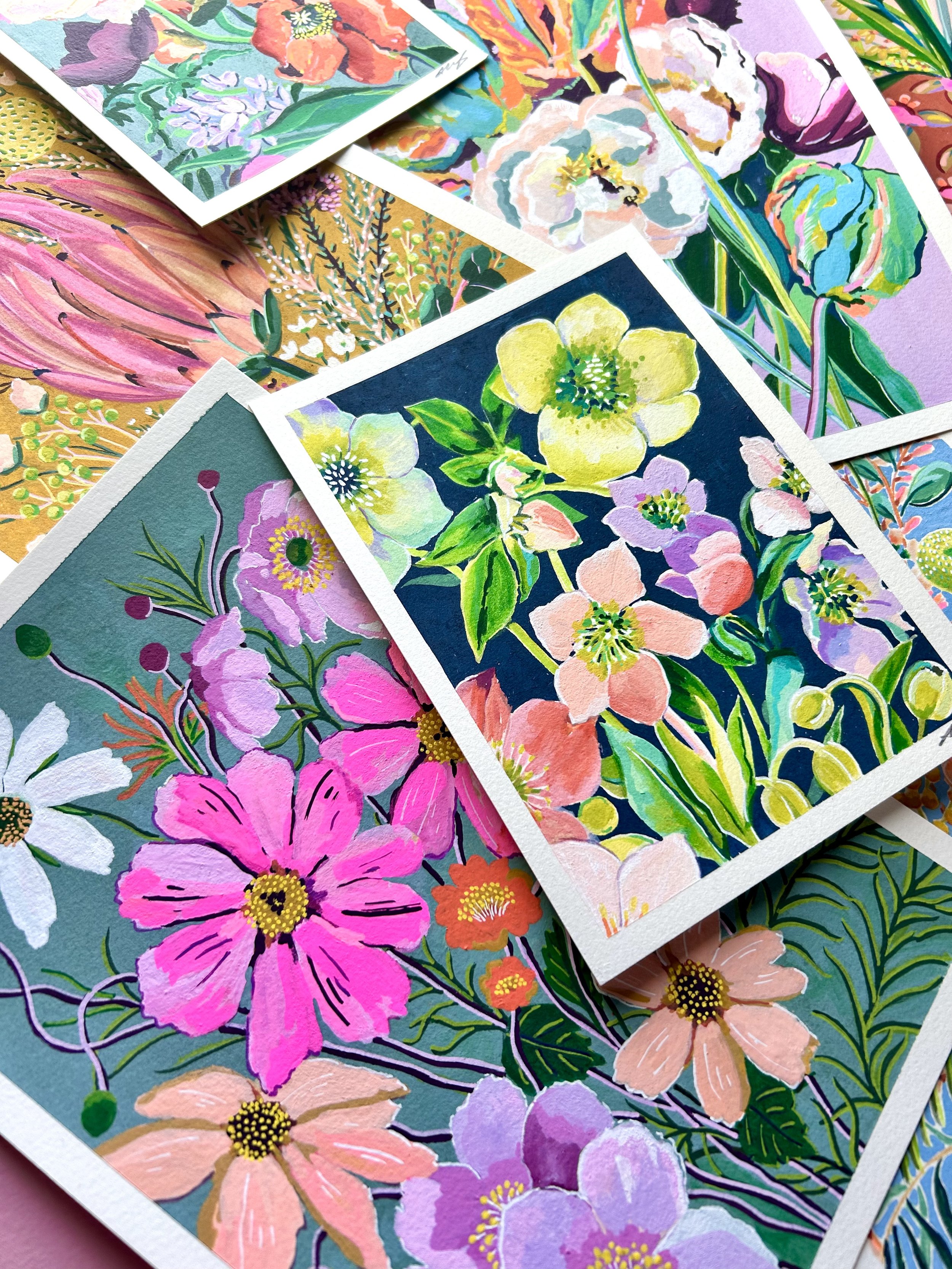 Collection of colorful botanical illustrations on postcards or prints, featuring various flowers and plants in vibrant, stylized art style.