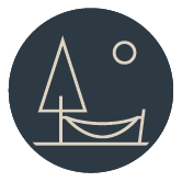 A minimalist icon of a boat with a sail, a tent, and a small sun or moon in the background.