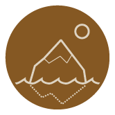 An illustration of mountains, a lake, and a sun inside a circular brown background.