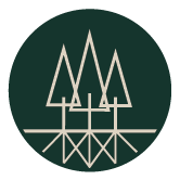 Graphic of three stylized trees over a platform with a geometric base inside a dark green circle.