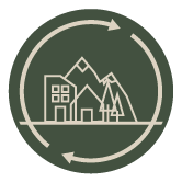 An illustration of buildings and a tower leaning, enclosed in a circular arrow.