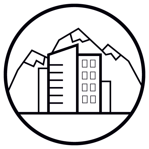 Circle logo featuring outlines of modern buildings and mountains in the background.