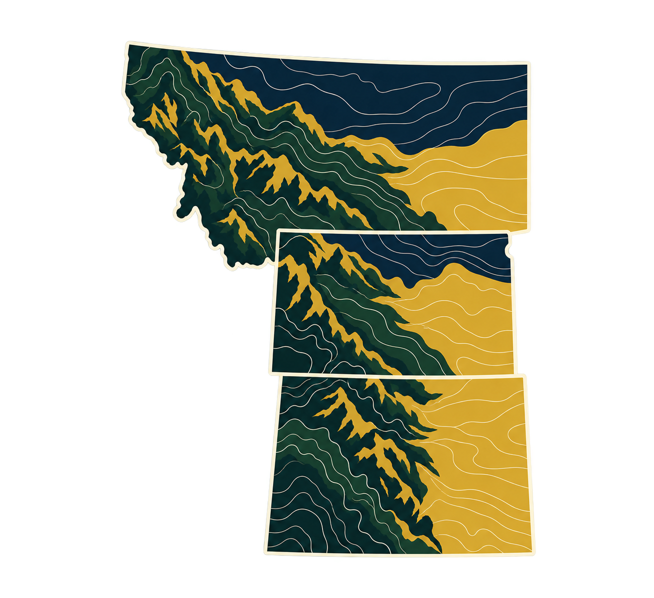 A topographical map of Montana, Colorado, and Utah showing mountain ranges, valleys, and elevation lines in various shades of green, brown, and blue.